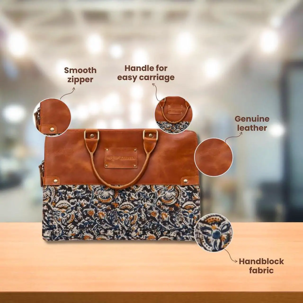 Alt view image 3 of 5 - ZAARIYA Handcrafted Laptop Bag/Sleeve/Case for Women | Made From Leather With Handblock Fabric - Ideal For 13 Inch Devices