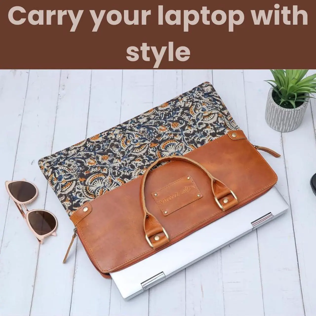 Alt view image 4 of 5 - ZAARIYA Handcrafted Laptop Bag/Sleeve/Case for Women | Made From Leather With Handblock Fabric - Ideal For 13 Inch Devices