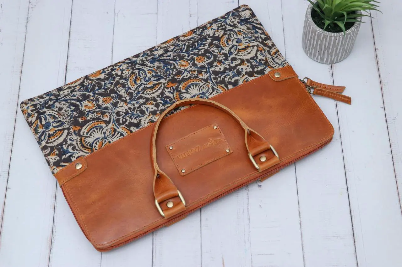 Alt view image 5 of 5 - ZAARIYA Handcrafted Laptop Bag/Sleeve/Case for Women | Made From Leather With Handblock Fabric - Ideal For 13 Inch Devices