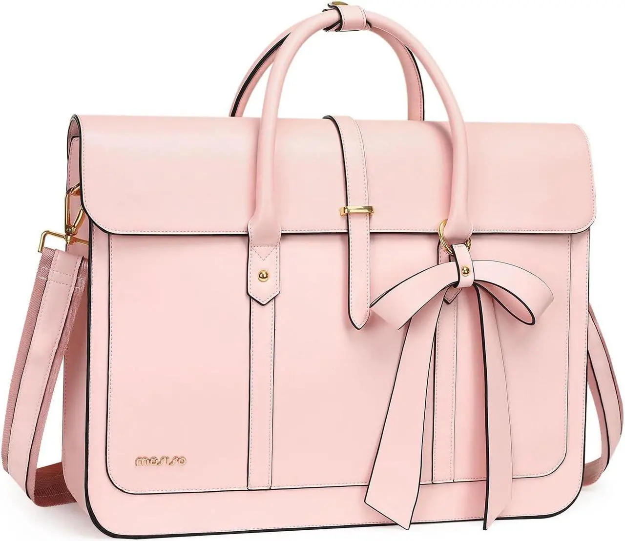 Main image of MOSISO Laptop Bag for Women, 15-15.6 inch PU Leather Laptop Shoulder Bag Convertible Backpack, 16 inch Messenger Bag Casual Handbag Work Briefcase Travel Computer Bag with Bowknot, Pink