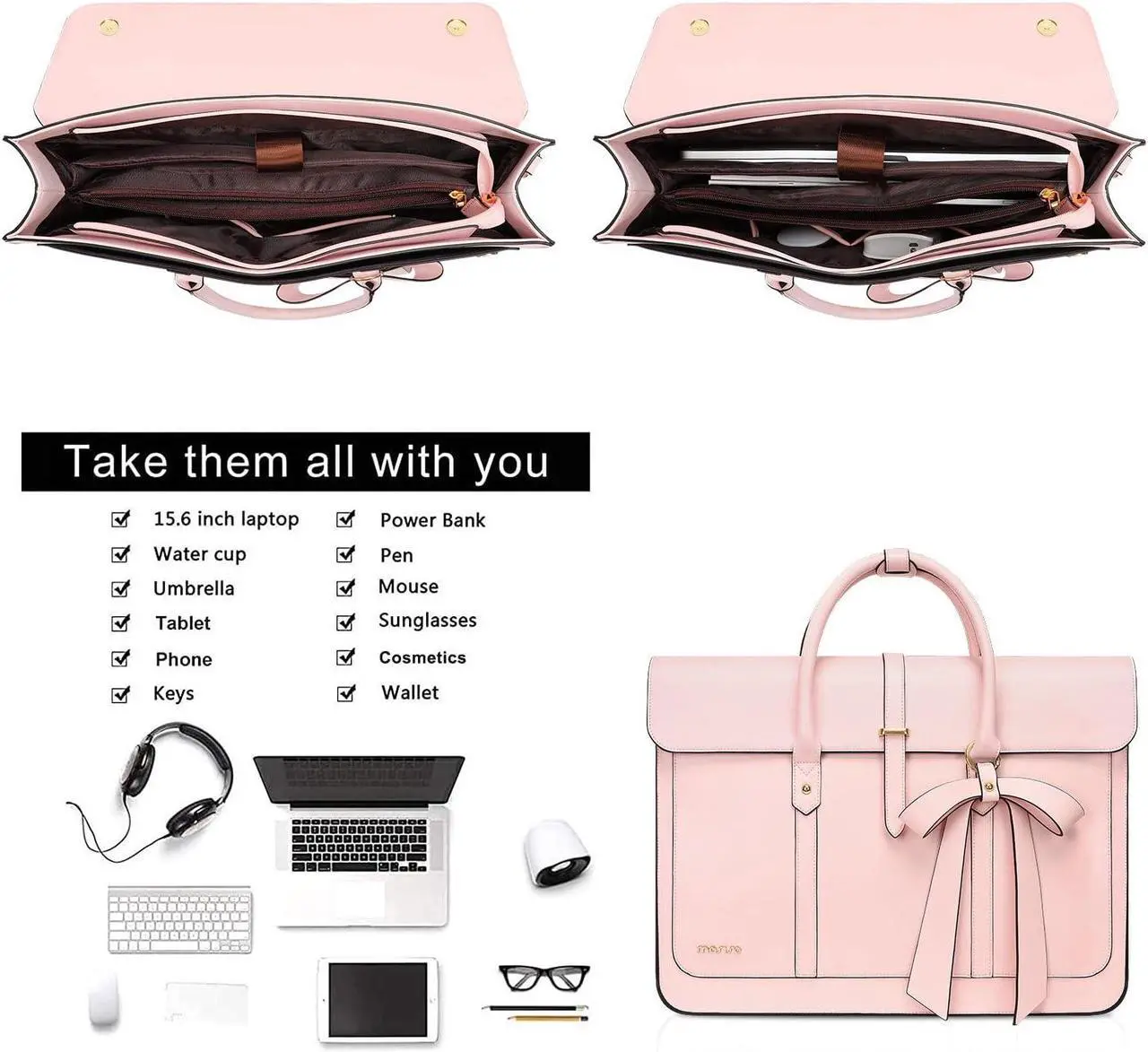 Alt view image 2 of 5 - MOSISO Laptop Bag for Women, 15-15.6 inch PU Leather Laptop Shoulder Bag Convertible Backpack, 16 inch Messenger Bag Casual Handbag Work Briefcase Travel Computer Bag with Bowknot, Pink