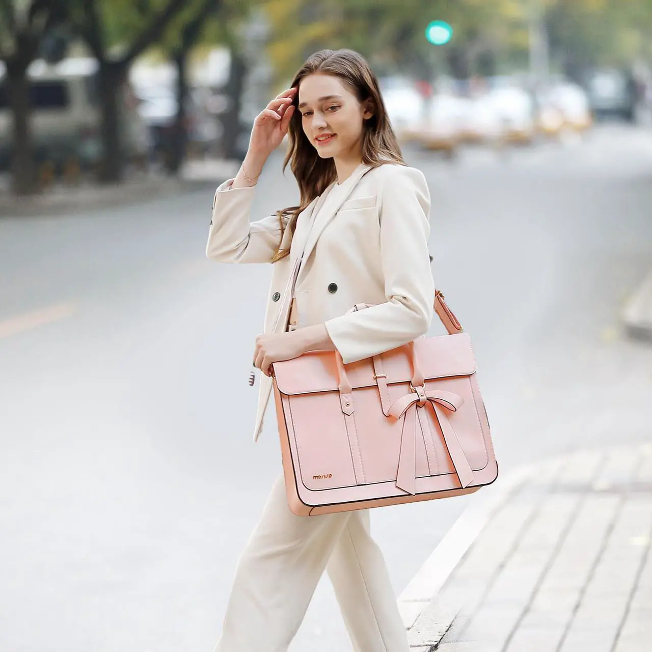 Alt view image 4 of 5 - MOSISO Laptop Bag for Women, 15-15.6 inch PU Leather Laptop Shoulder Bag Convertible Backpack, 16 inch Messenger Bag Casual Handbag Work Briefcase Travel Computer Bag with Bowknot, Pink