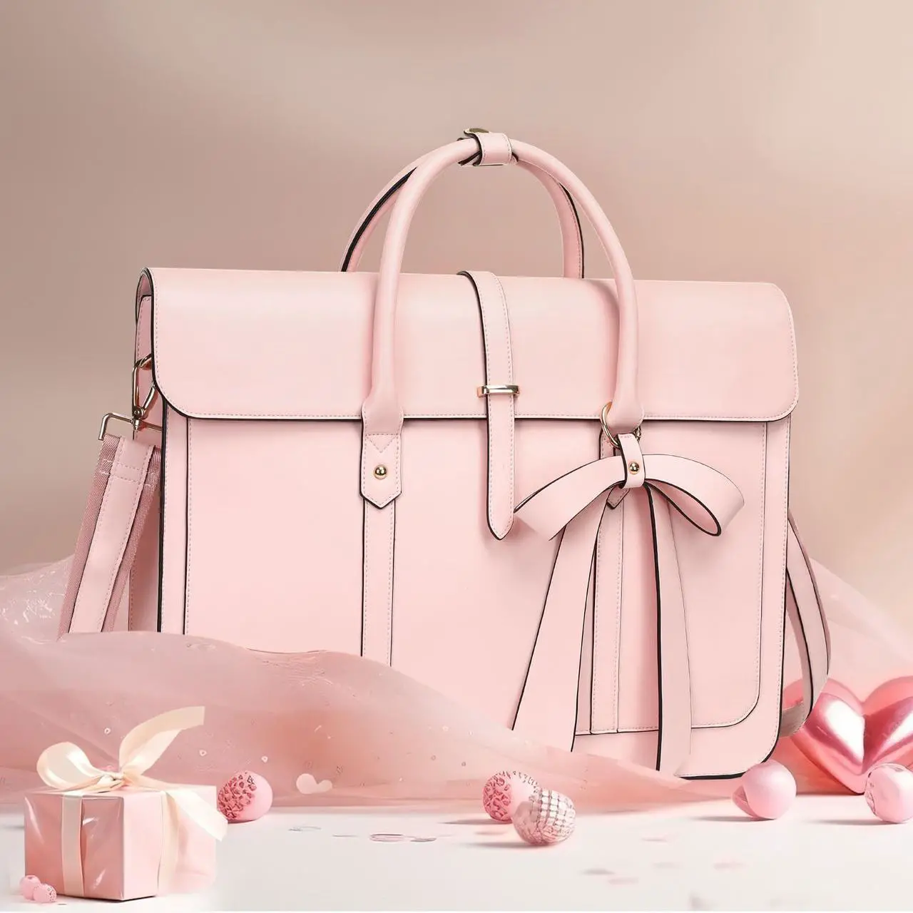 Alt view image 5 of 5 - MOSISO Laptop Bag for Women, 15-15.6 inch PU Leather Laptop Shoulder Bag Convertible Backpack, 16 inch Messenger Bag Casual Handbag Work Briefcase Travel Computer Bag with Bowknot, Pink