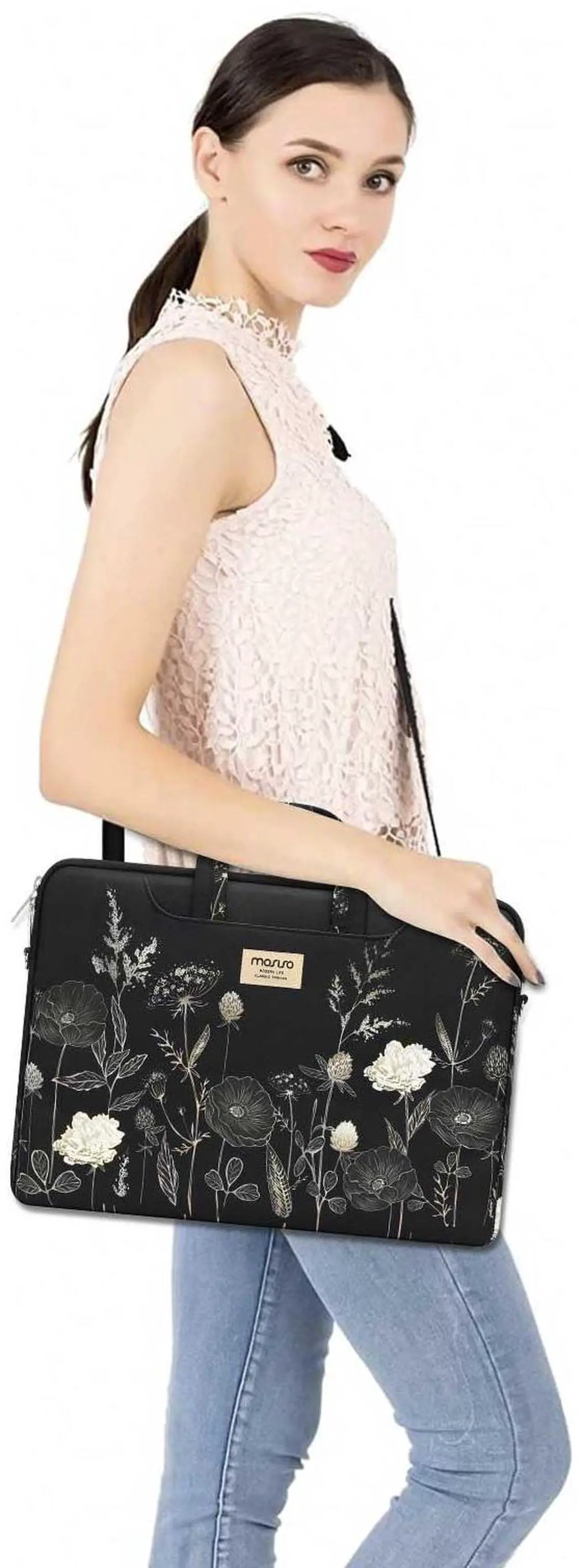 Alt view image 5 of 5 - MOSISO Laptop Bag for Women, 15 inch Computer Bag, Keyboard Wrist Rest&Ergonomic Slope Design Mousepad Wrist Support&Coaster, 15.6 inch Laptop Messenger Shoulder Bag with Strap, Retro Flower