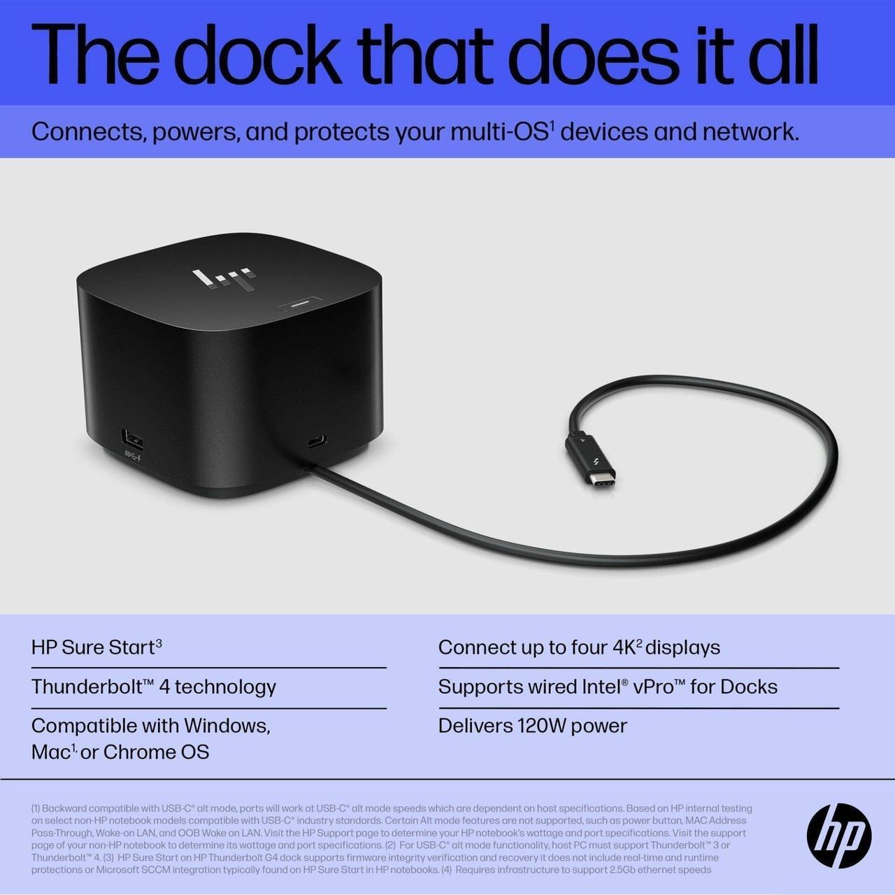 Alt view image 3 of 5 - HP Thunderbolt 4 Dock 120W G4 (4J0A2AA), 13-in-1 USB C Docking Station with Max 100W Charging, 4 Monitors 4K Display, Ethernet Port, 6 USB Ports, HDMI, 2 Displayport for Laptop, MacOS, ChromeOS, PC