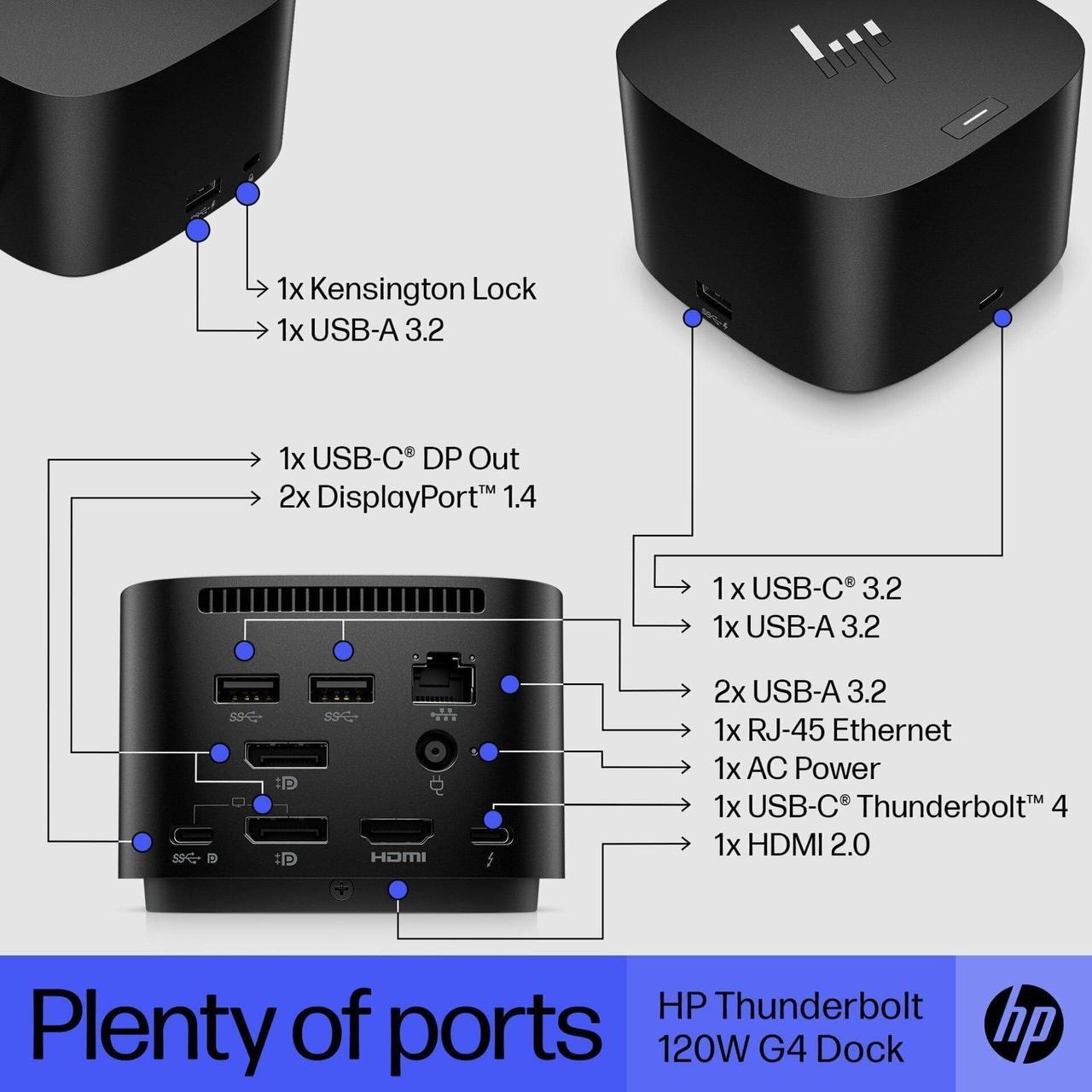 Alt view image 5 of 5 - HP Thunderbolt 4 Dock 120W G4 (4J0A2AA), 13-in-1 USB C Docking Station with Max 100W Charging, 4 Monitors 4K Display, Ethernet Port, 6 USB Ports, HDMI, 2 Displayport for Laptop, MacOS, ChromeOS, PC