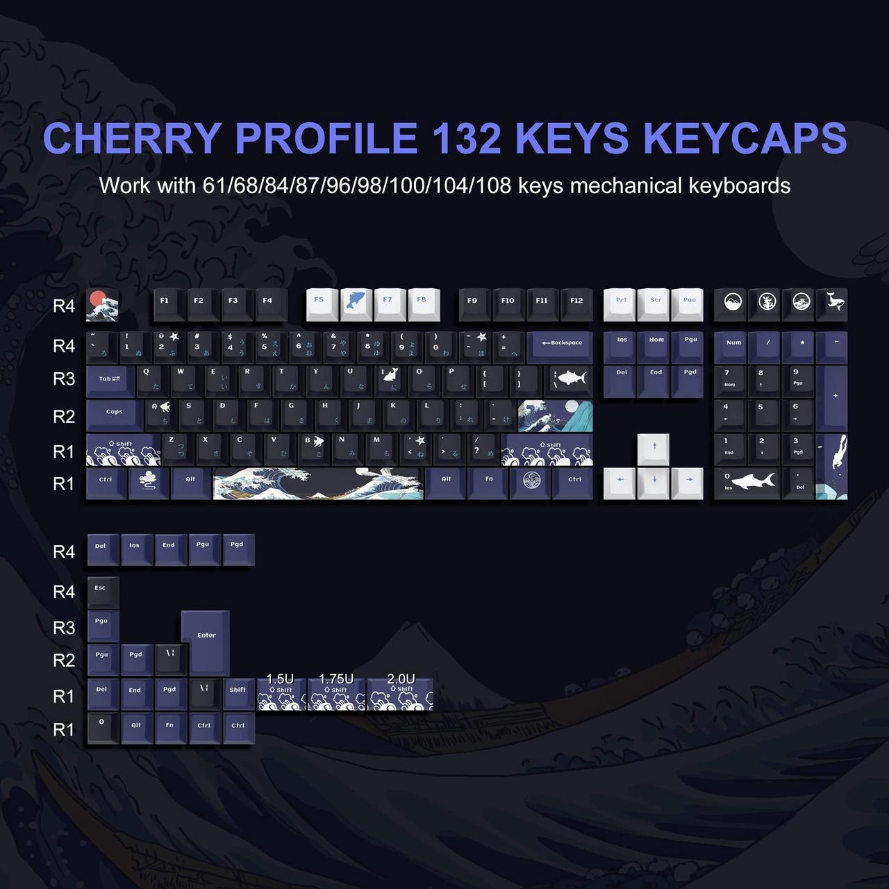 Alt view image 3 of 5 - SDYZ XVX PBT Keycaps 132 Keys, Great Wave Off Kanagawa Japanese Keyboard Keycaps + Wired Gaming Mouse