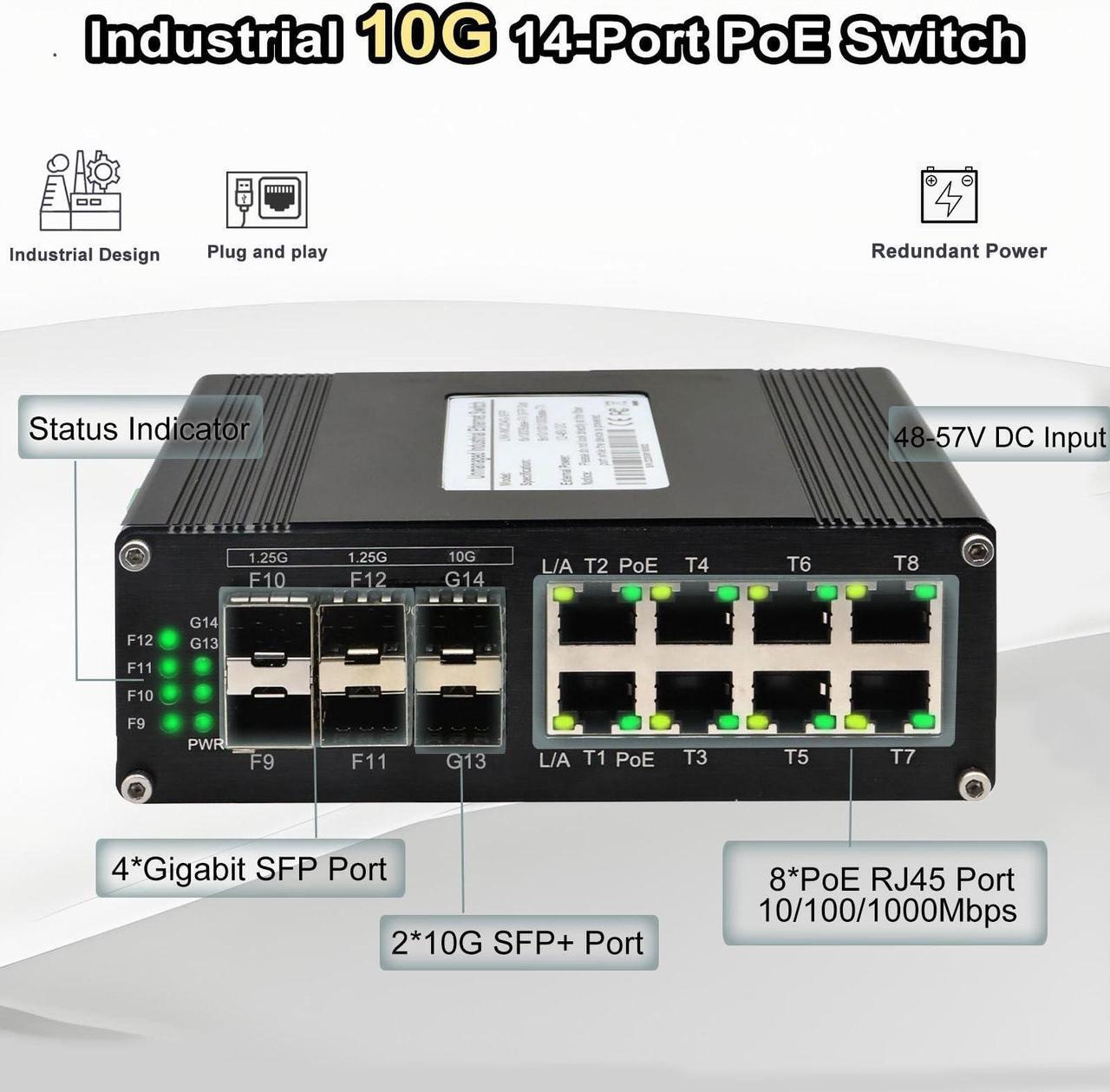 Alt view image 2 of 5 - Industrial 10G Ethernet PoE Switch, 2*10G SFP + Slot+4*Gigabit SFP Slot +8*RJ45 Port, PoE Networking Switch Supporting Din-Rail, 48~57VDC Power Input