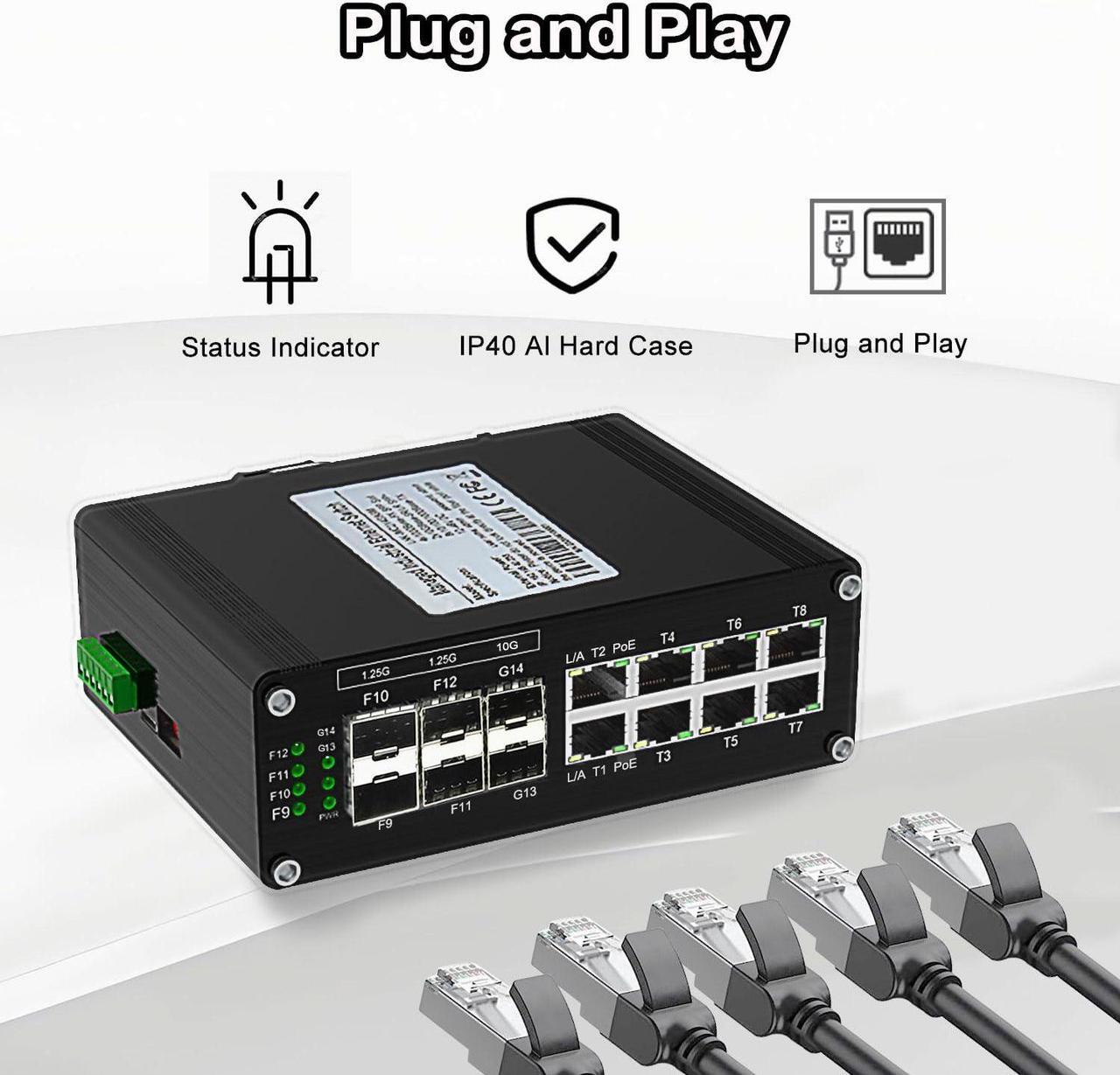 Alt view image 4 of 5 - Industrial 10G Ethernet PoE Switch, 2*10G SFP + Slot+4*Gigabit SFP Slot +8*RJ45 Port, PoE Networking Switch Supporting Din-Rail, 48~57VDC Power Input