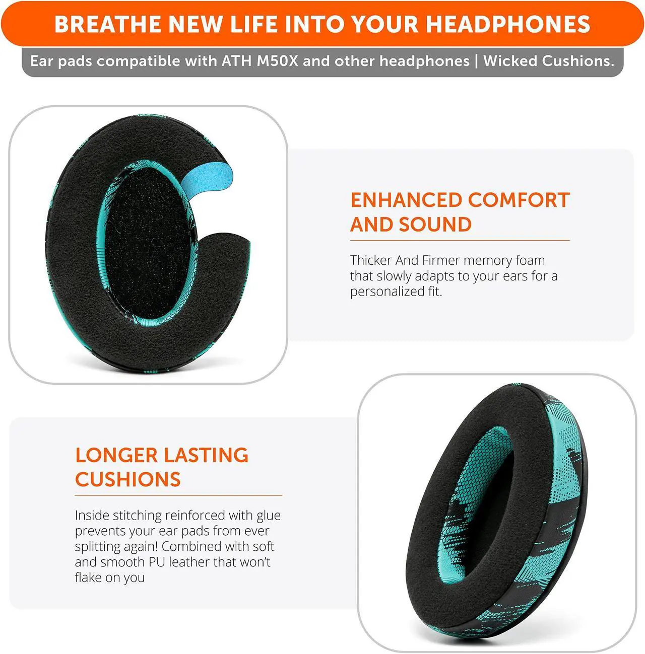 Alt view image 5 of 5 - WC PadZ Velour - The Ultimate Upgraded Earpads by Wicked Cushions - Compatible with Audio Technica, HyperX, SteelSeries Arctis - Extra Thick - Bigger Opening - Soft Memory Foam | (Speed Racer Cyan)