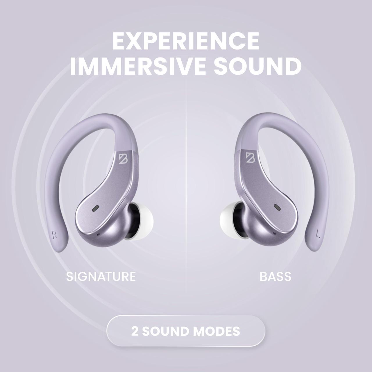 Alt view image 5 of 5 - Runner 40 - Secure-Fit Wireless Earbuds for Small Ears, Running Bluetooth Earbuds for Women and Men, Purple Deep Bass Wrap Around Earbuds for Small Ear Canals with EarHooks, Light Over the Ear Earbuds