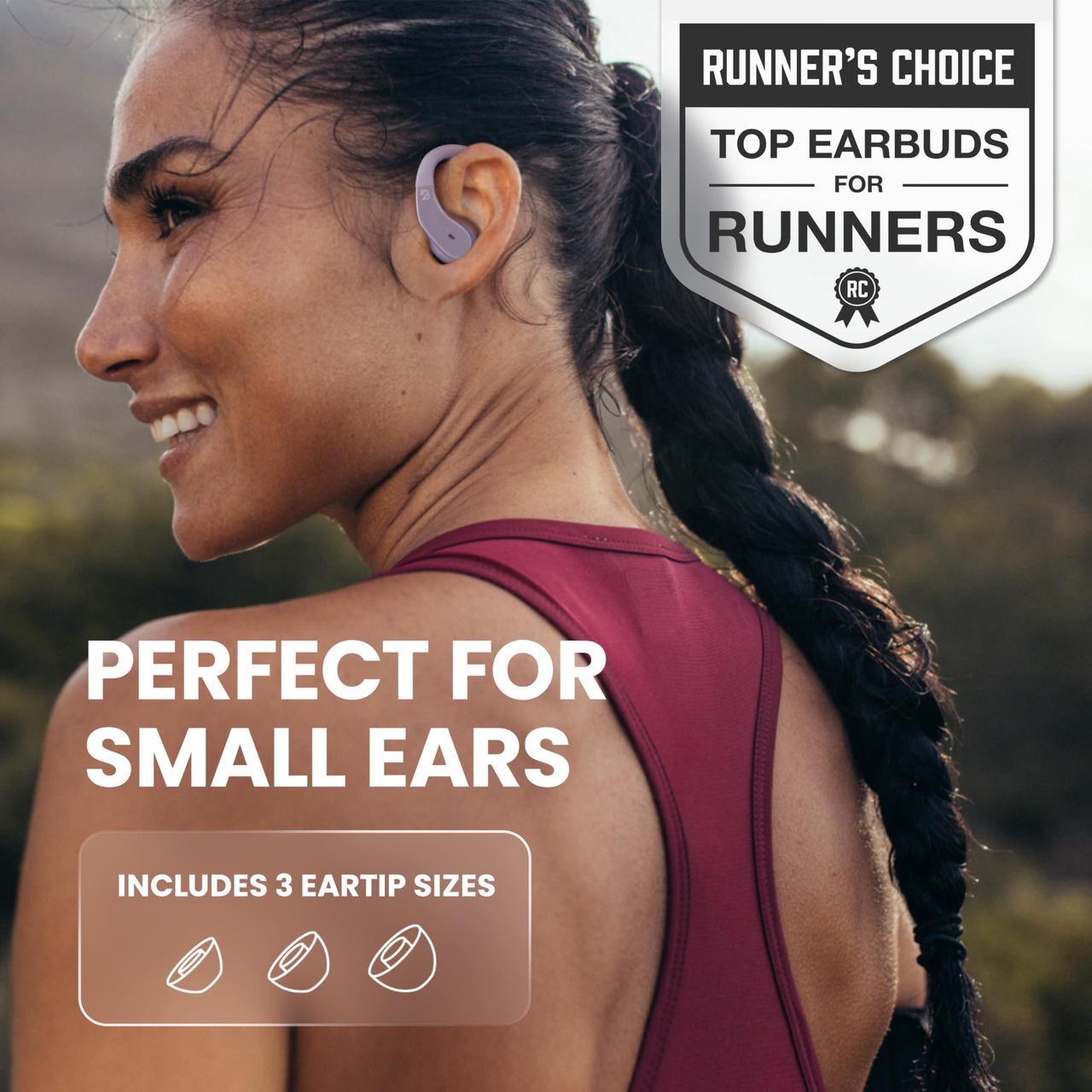 Alt view image 2 of 5 - Runner 40 - Secure-Fit Wireless Earbuds for Small Ears, Running Bluetooth Earbuds for Women and Men, Purple Deep Bass Wrap Around Earbuds for Small Ear Canals with EarHooks, Light Over the Ear Earbuds