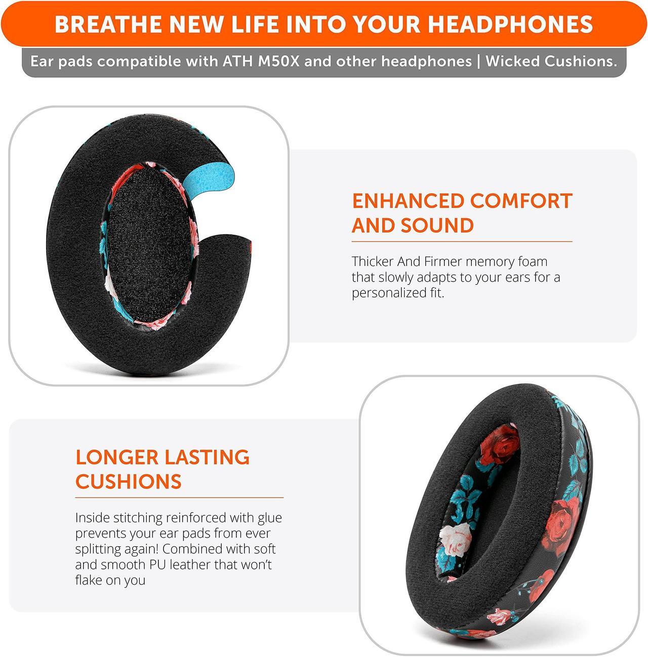 Alt view image 4 of 5 - WC PadZ Velour - The Ultimate Upgraded Earpads by Wicked Cushions - Compatible With Audio Technica, HyperX, SteelSeries Arctis & More - Extra Thick - Bigger Opening - Softer Memory Foam | Black Floral