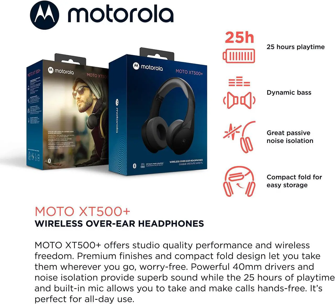 Alt view image 2 of 5 - Motorola Bluetooth Wireless Headphones with Microphone, Moto XT500+ Over-Ear Headphones in-Line Control for Calls - Foldable Head Phones, Adjustable Headband, Clear Sound - Black