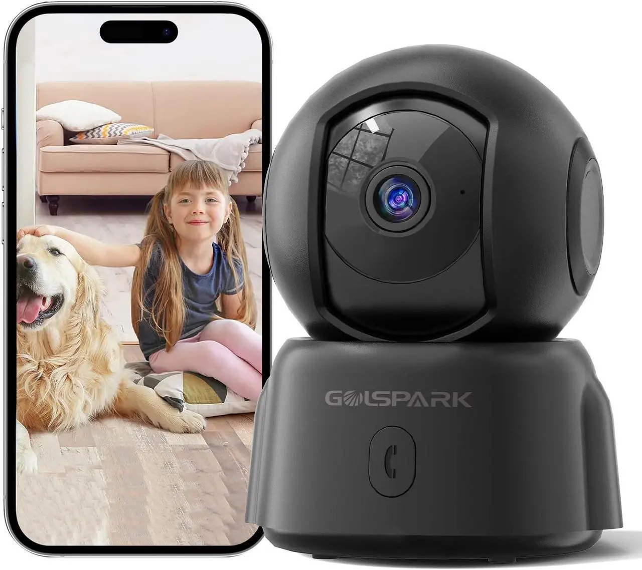 Main image of GOLSPARK Camera for Home Security, 2K Indoor Security Camera, 2.4GHz WiFi 360 Pet Camera with Night Vision Phone App Motion Tracking Detection Two-Way Audio Sleep Mode SD Card Cloud Storage, Black