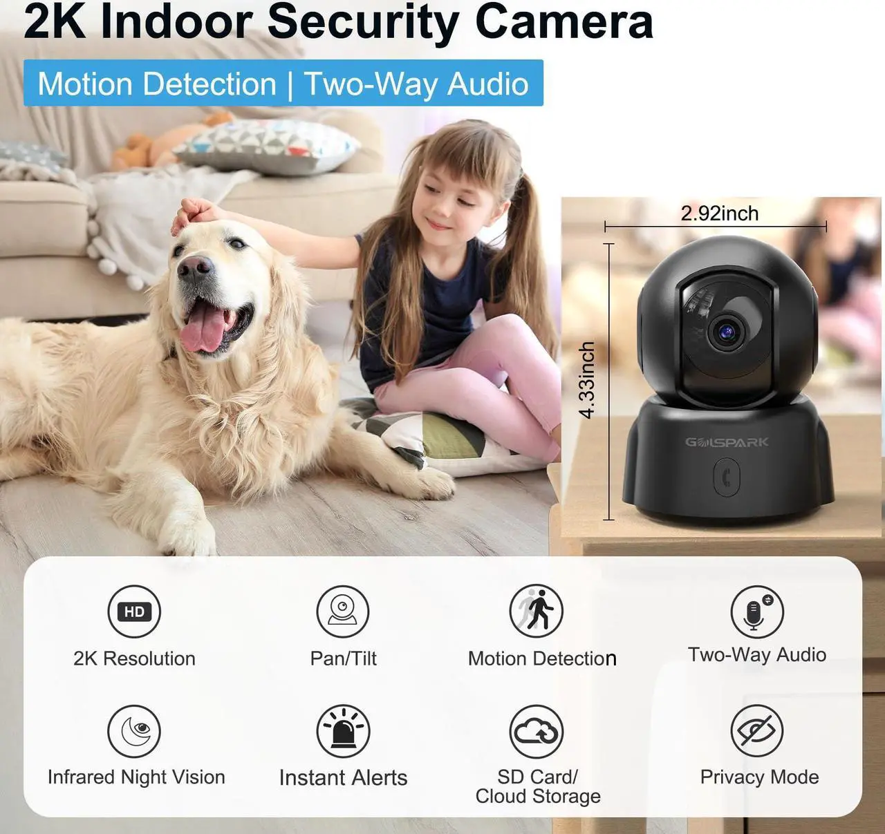 Alt view image 2 of 5 - GOLSPARK Camera for Home Security, 2K Indoor Security Camera, 2.4GHz WiFi 360 Pet Camera with Night Vision Phone App Motion Tracking Detection Two-Way Audio Sleep Mode SD Card Cloud Storage, Black