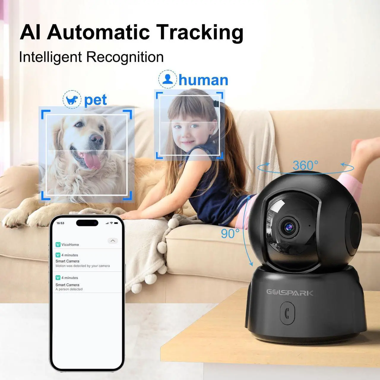 Alt view image 3 of 5 - GOLSPARK Camera for Home Security, 2K Indoor Security Camera, 2.4GHz WiFi 360 Pet Camera with Night Vision Phone App Motion Tracking Detection Two-Way Audio Sleep Mode SD Card Cloud Storage, Black