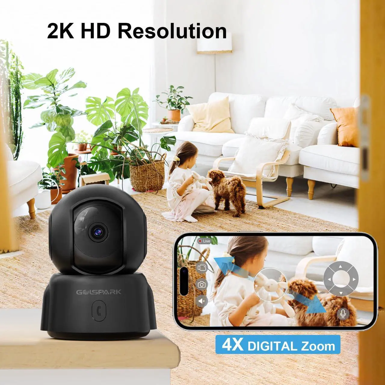 Alt view image 5 of 5 - GOLSPARK Camera for Home Security, 2K Indoor Security Camera, 2.4GHz WiFi 360 Pet Camera with Night Vision Phone App Motion Tracking Detection Two-Way Audio Sleep Mode SD Card Cloud Storage, Black