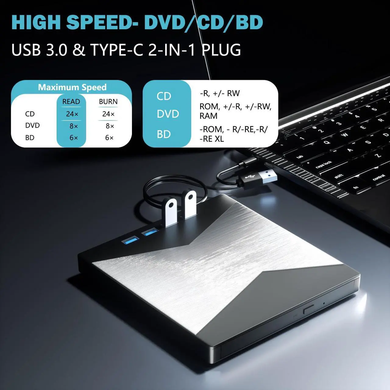 Alt view image 2 of 5 - External Blu Ray Drive, 4K Portable Blu Ray Burner USB 3.0 Type-C UHD BD Player with SD/TF Port, CD/DVD Burner R/W 3D Blu Ray Drive, External 4k Blu Ray Drive Compatible with Windows Mac OS Laptop