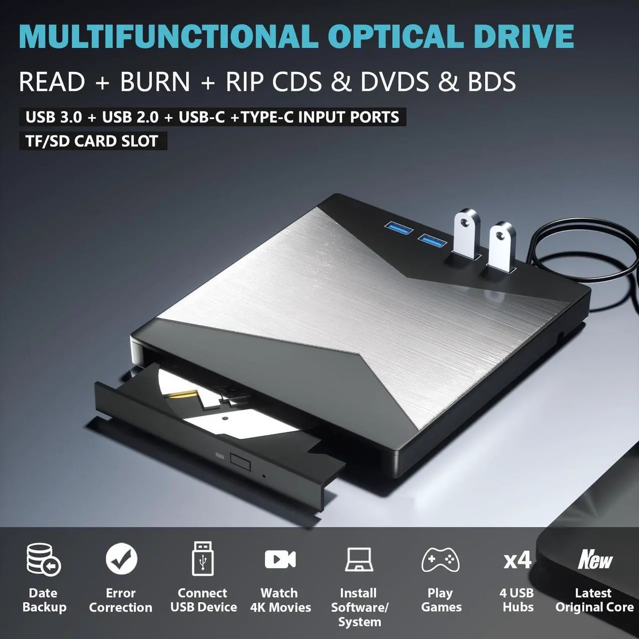 Alt view image 5 of 5 - External Blu Ray Drive, 4K Portable Blu Ray Burner USB 3.0 Type-C UHD BD Player with SD/TF Port, CD/DVD Burner R/W 3D Blu Ray Drive, External 4k Blu Ray Drive Compatible with Windows Mac OS Laptop