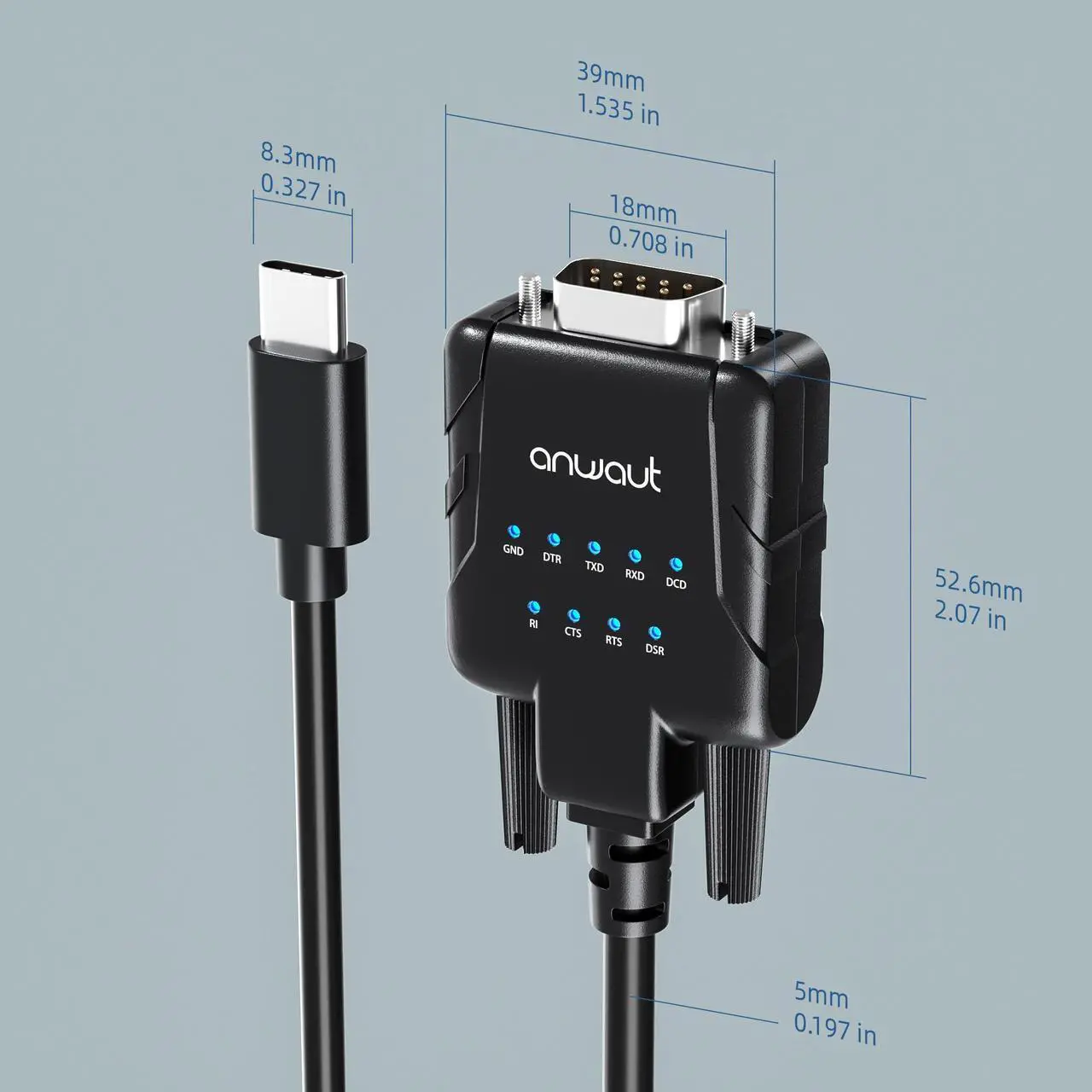 Alt view image 3 of 5 - Anwaut 1-Port Industrial USB-C to Serial/RS232 (DB9) Converter Adapter w/ 9 x LEDs (Compatible for Windows 11, macOS 14, U2RS232-C)