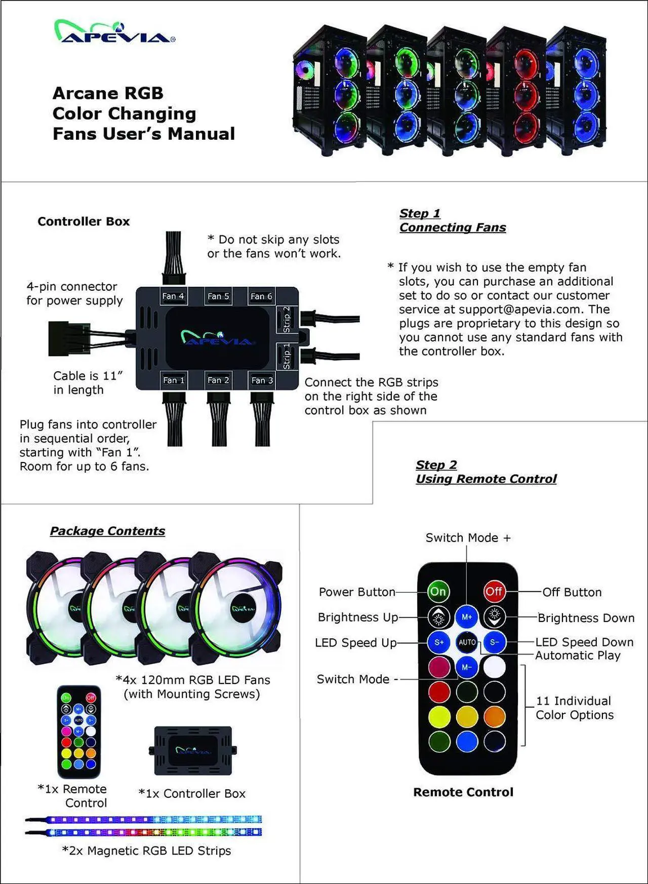 Alt view image 4 of 5 - Apevia AC42-RGB Arcane 120mm Silent RGB Color Changing LED Fan with Remote Control, 16x LEDs & 8X Anti-Vibration Rubber Pads w/ 2 Magnetic LED Strips (4+2-pk)
