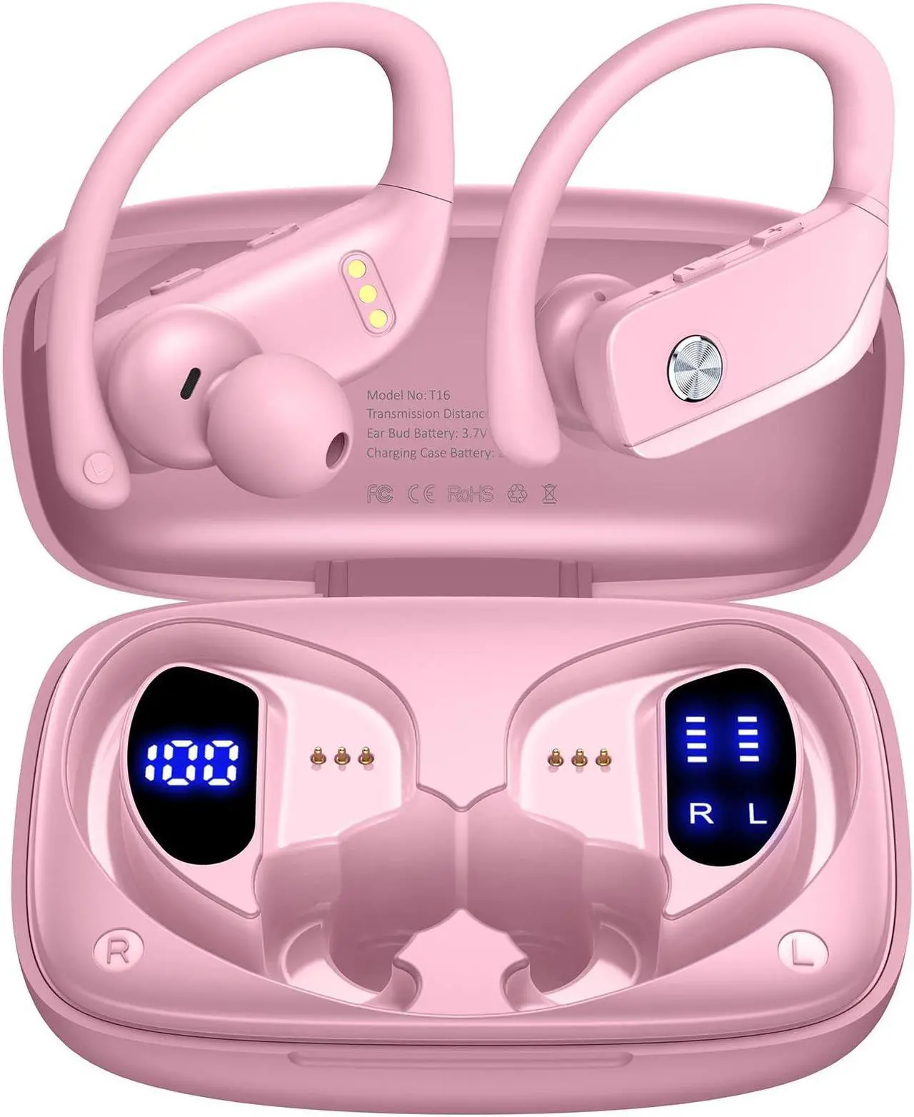 Alt view image 5 of 5 - bmani 2 Sets Wireless Earbuds Bluetooth Headphones 48hrs Play Back Sport Earphones with LED Display Over-Ear Buds with Earhooks Built-in Mic Headset for Workout Pink+Green
