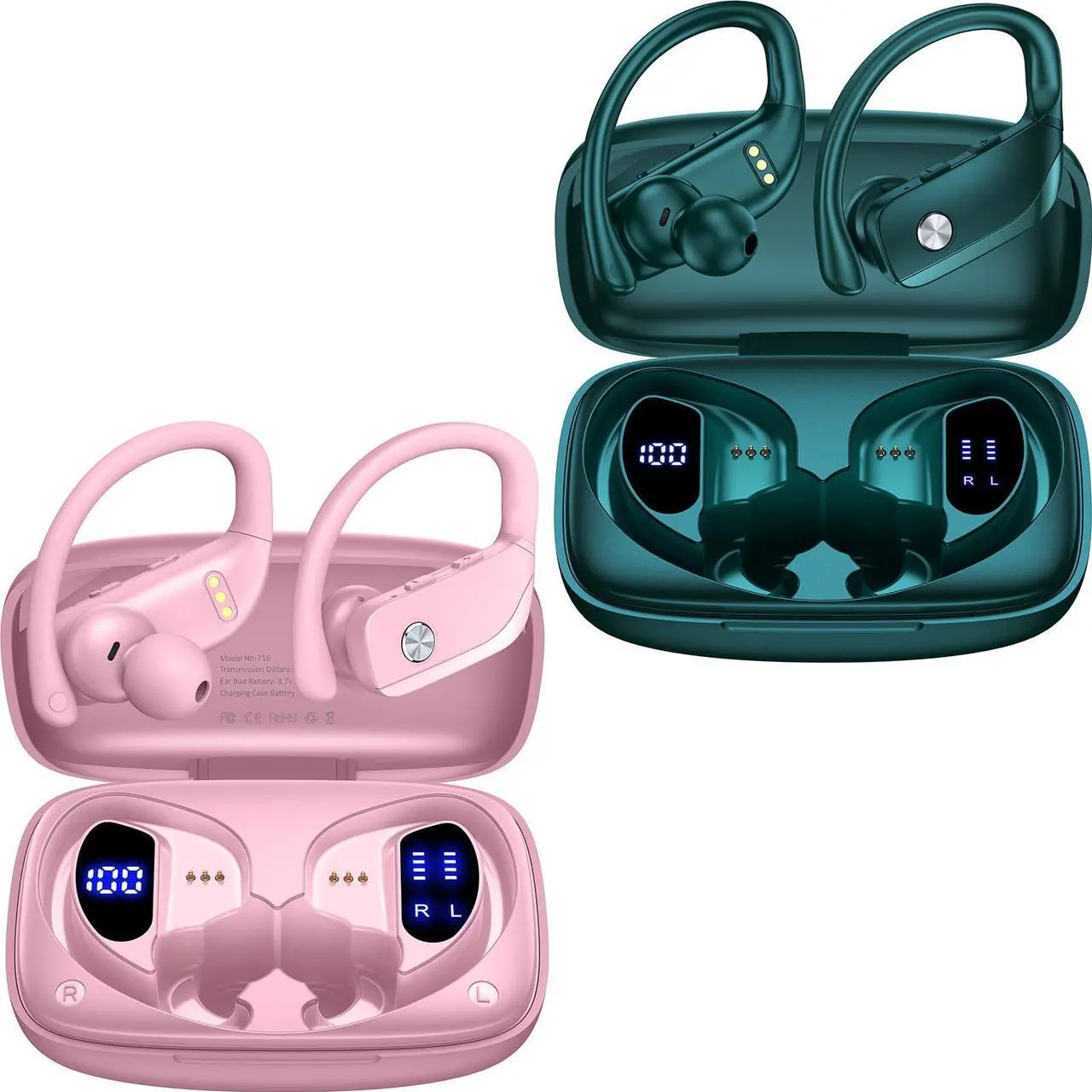 Main image of bmani 2 Sets Wireless Earbuds Bluetooth Headphones 48hrs Play Back Sport Earphones with LED Display Over-Ear Buds with Earhooks Built-in Mic Headset for Workout Pink+Green