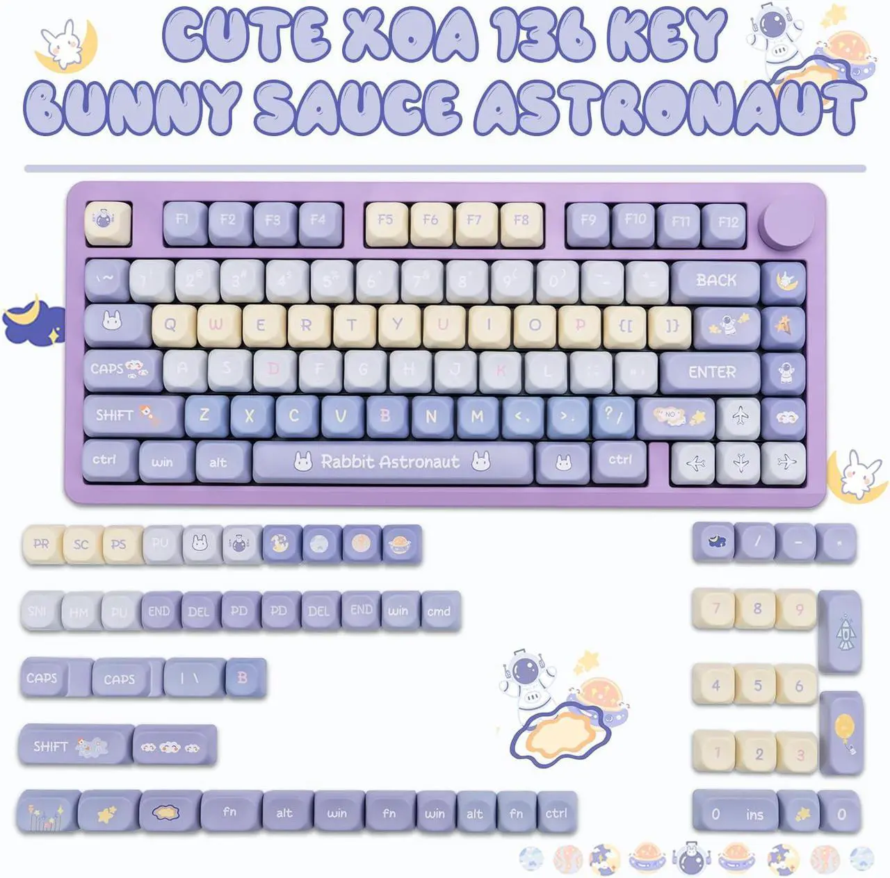 Alt view image 2 of 5 - GEKUCAP Purple PBT Keycaps, 136 Keys Dye Sublimation XOA Profile Round Keycaps Cute Bunny Keycap Set for Cherry MX Switches ANSI Layout Mechanical Keyboards