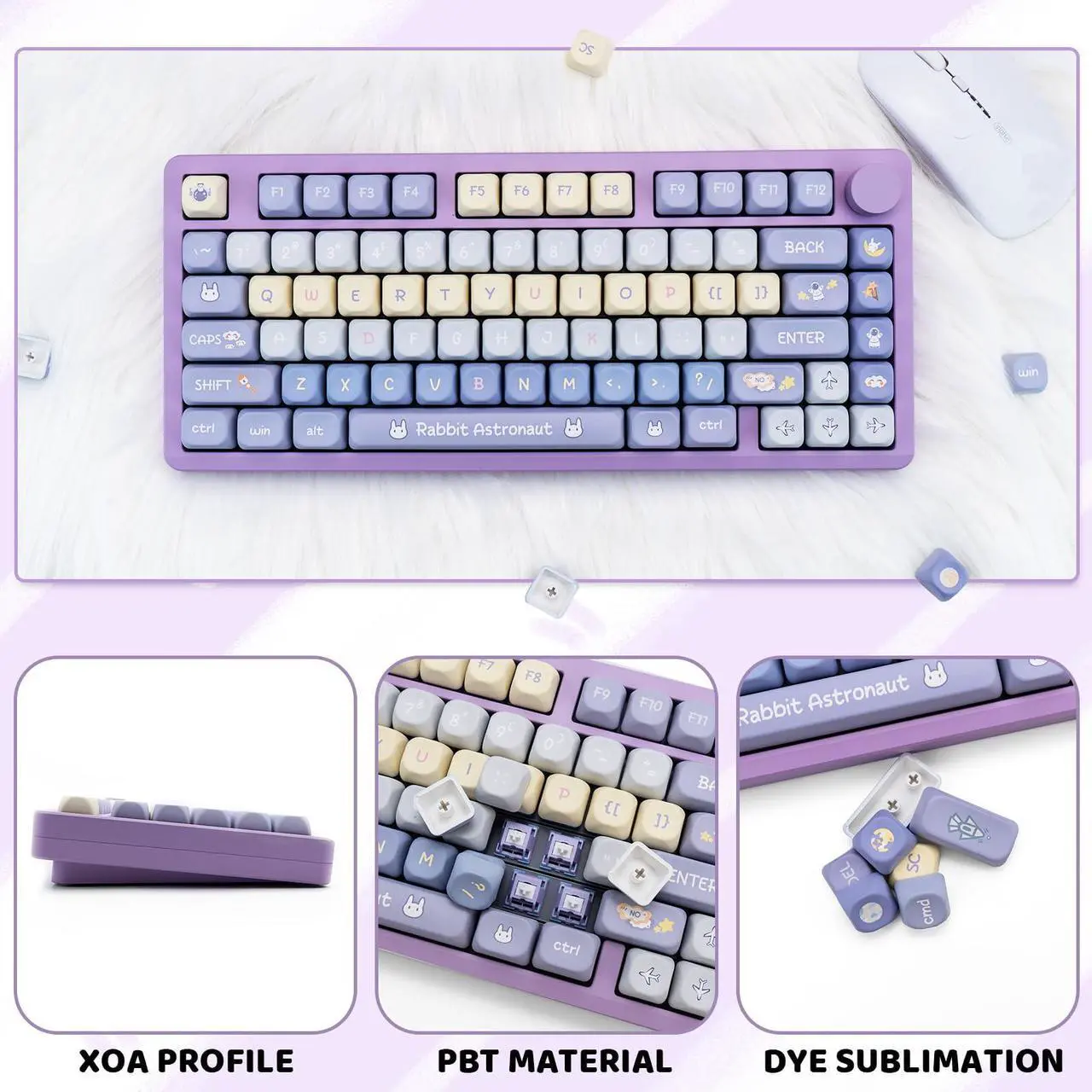 Alt view image 3 of 5 - GEKUCAP Purple PBT Keycaps, 136 Keys Dye Sublimation XOA Profile Round Keycaps Cute Bunny Keycap Set for Cherry MX Switches ANSI Layout Mechanical Keyboards