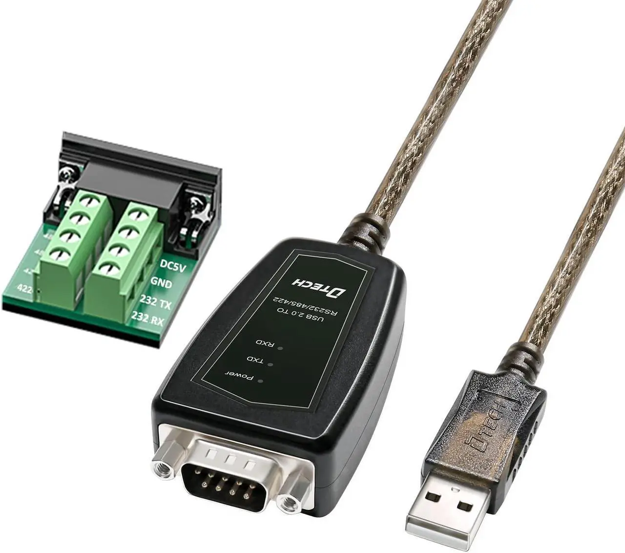 Main image of DTech USB to Serial Adapter RS422 RS485 R232 to USB Cable (3 in 1 Interface) Supports DC 5V with Breakout Board LED Lights for Multi-Kind Control Devices Windows 11 10 8 7 XP Mac (1.5ft)
