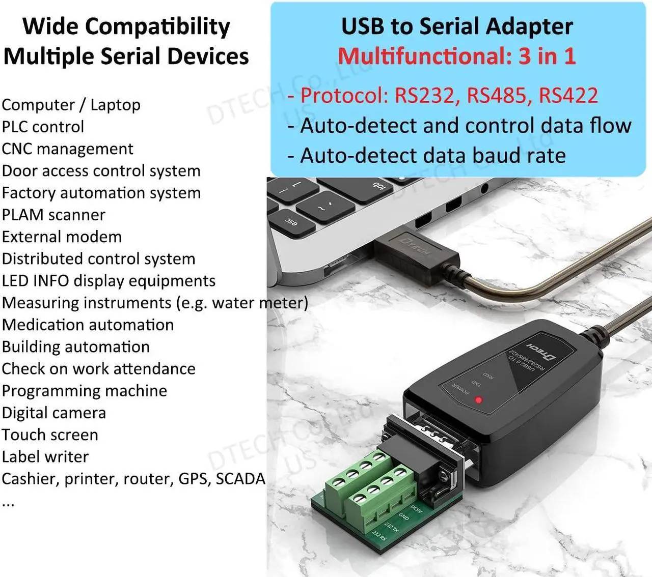 Alt view image 3 of 5 - DTech USB to Serial Adapter RS422 RS485 R232 to USB Cable (3 in 1 Interface) Supports DC 5V with Breakout Board LED Lights for Multi-Kind Control Devices Windows 11 10 8 7 XP Mac (1.5ft)