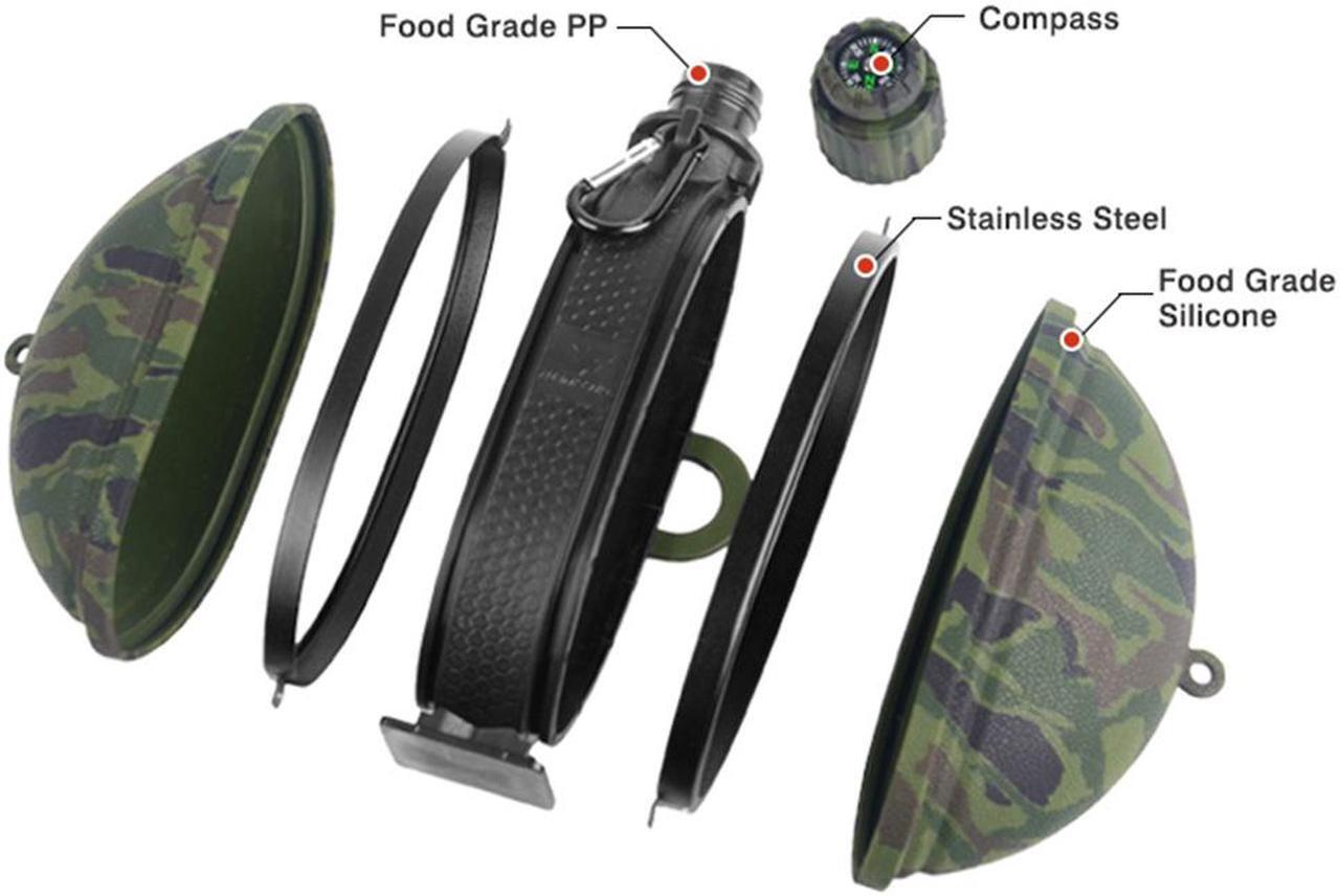 Alt view image 6 of 7 - Collapsible Military Water Bottle Newly Designed Silicone Water Kettle Canteen with Compass Bottle Cap for Hiking Camping Outdoors (Camouflage Green)