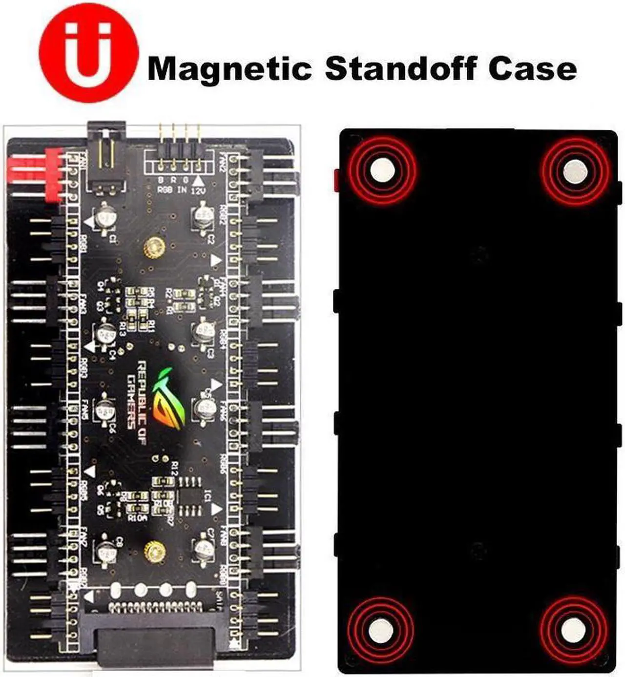 Alt view image 3 of 5 - 2-in-1 PWM & ARGB 5V Addressable RGB Controller Hub 8 Ports 12V 4Pin Fan & 5V 3Pin AURA Adapter with PMMA Case and Magnetic Standoff for Cooling Radiator & ASUS/MSI LED Strip - SATA Powered