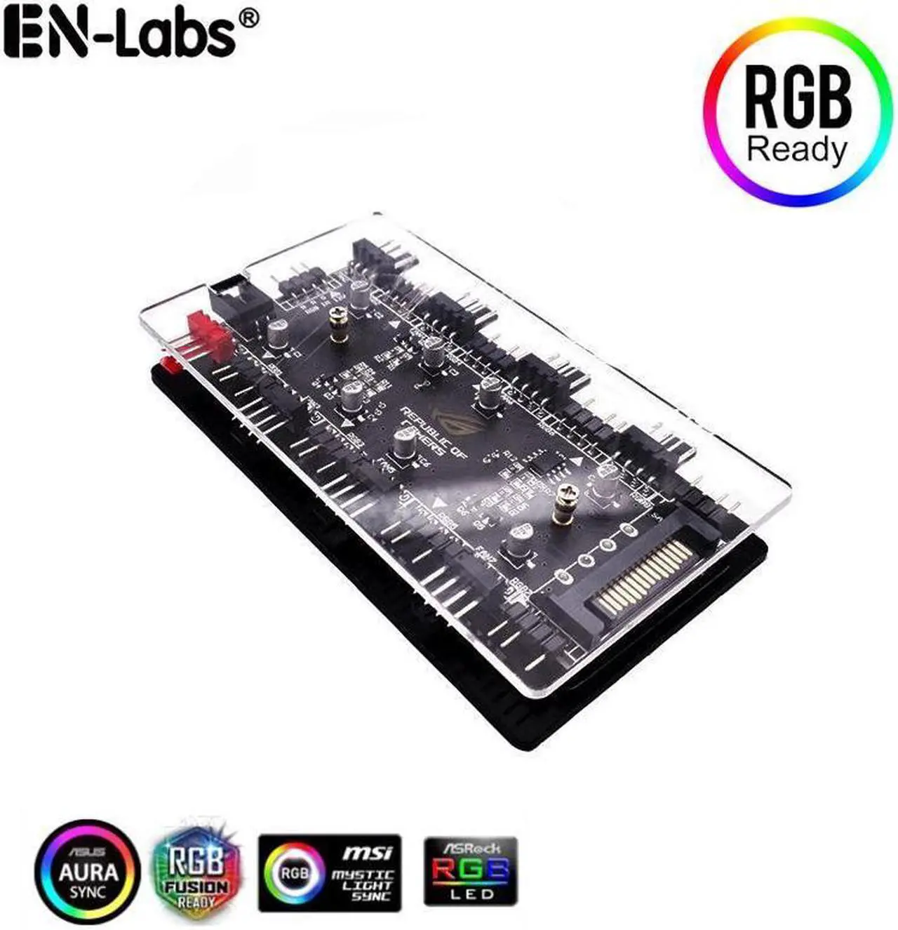 Alt view image 2 of 5 - 2-in-1 PWM & ARGB 5V Addressable RGB Controller Hub 8 Ports 12V 4Pin Fan & 5V 3Pin AURA Adapter with PMMA Case and Magnetic Standoff for Cooling Radiator & ASUS/MSI LED Strip - SATA Powered