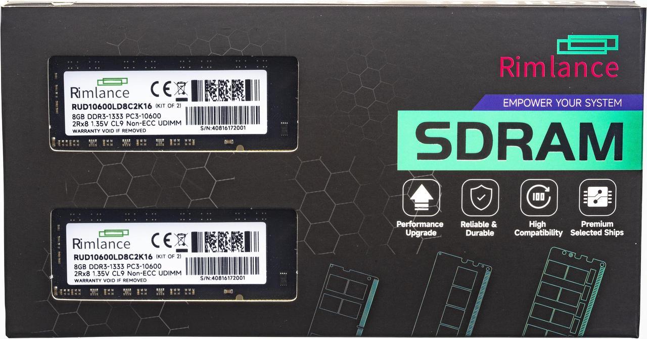 Main image of Rimlance 16GB (2X8GB) 1.35V DDR3 1333MHZ PC3-10600 UDIMM 2RX8 Desktop Memory