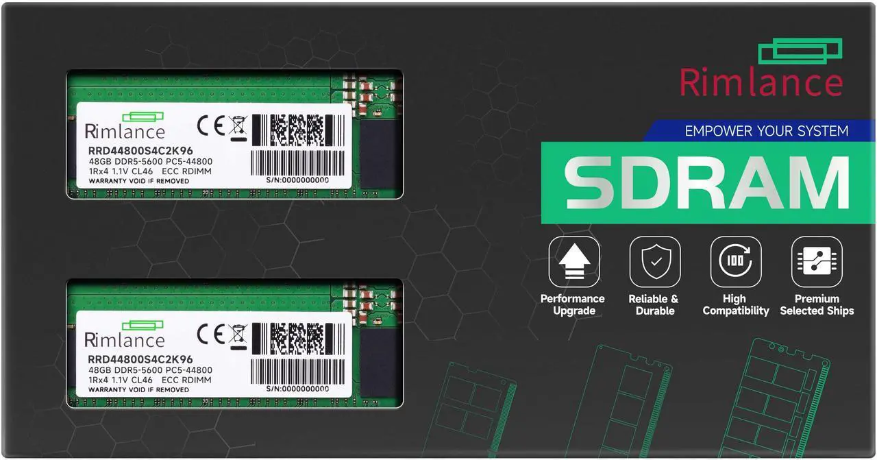 Main image of RIMLANCE 96GB(2x48GB) DDR5 5600MHz PC5-44800 1Rx4 1.1V 288-PIN ECC Registered RDIMM Server Memory KIT
