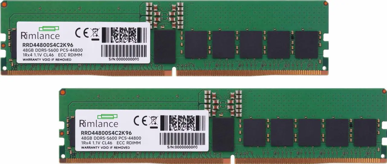 Alt view image 2 of 6 - RIMLANCE 96GB(2x48GB) DDR5 5600MHz PC5-44800 1Rx4 1.1V 288-PIN ECC Registered RDIMM Server Memory KIT