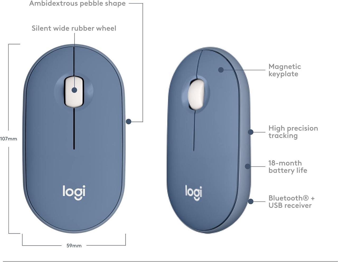 Alt view image 5 of 6 - Logitech Pebble Wireless Mouse with Bluetooth or 2.4 GHz Receiver, Silent, Slim Computer Mouse with Quiet Clicks, for Laptop/Notebook/iPad/PC/Mac/Chromebook - Blueberry