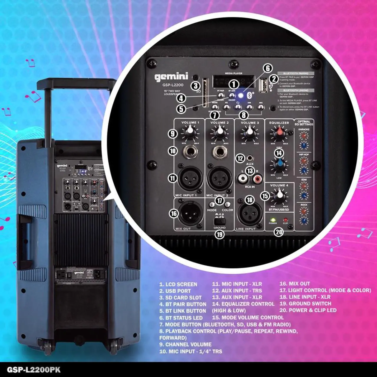 Alt view image 12 of 20 - Gemini GSP-L2200PK Unleash the Ultimate 15" Bluetooth Party Speaker with Dynamic LED Lights, Built in Media Player, and Included Microphone and Speaker Stand