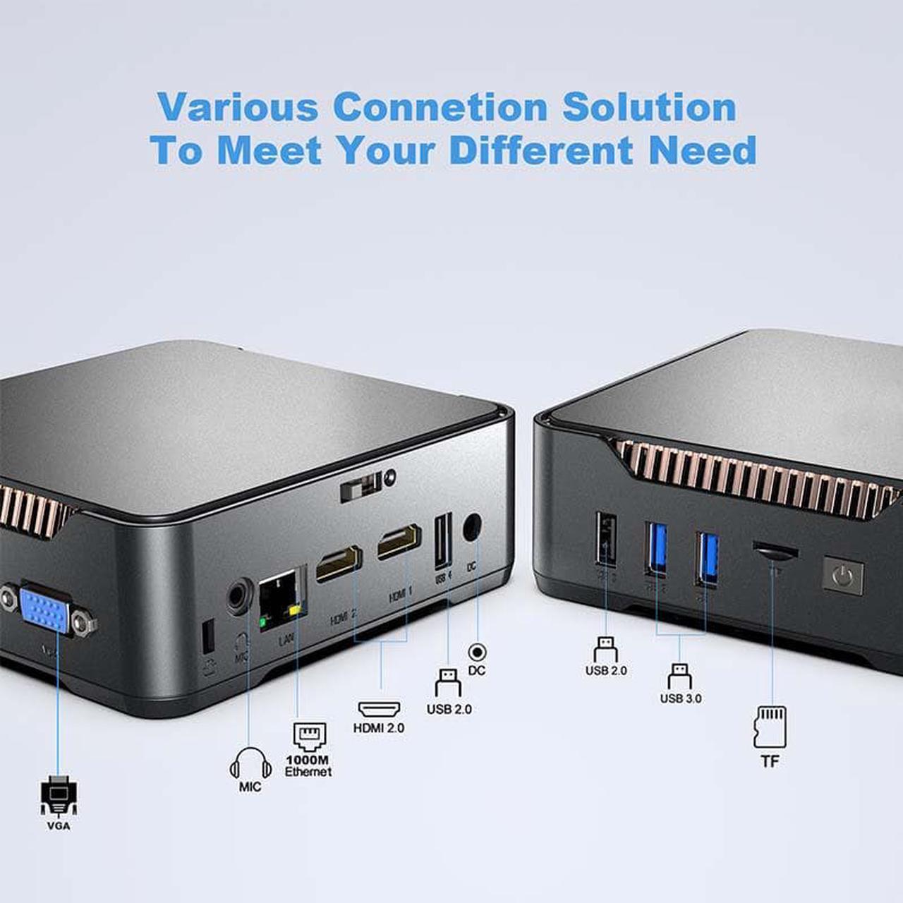 Alt view image 2 of 6 - Mini PC Windows 10 Pro 8GB RAM 64GB SSD Mini Computer Intel Celeron (up tp 2.9Ghz) Quad-Core Dual HDMI Gigabit Ethernet Dual Band WiFi 2.4G/5G Bluetooth 4 Support Triple Display 4K. 8 GB DDR4 128GB