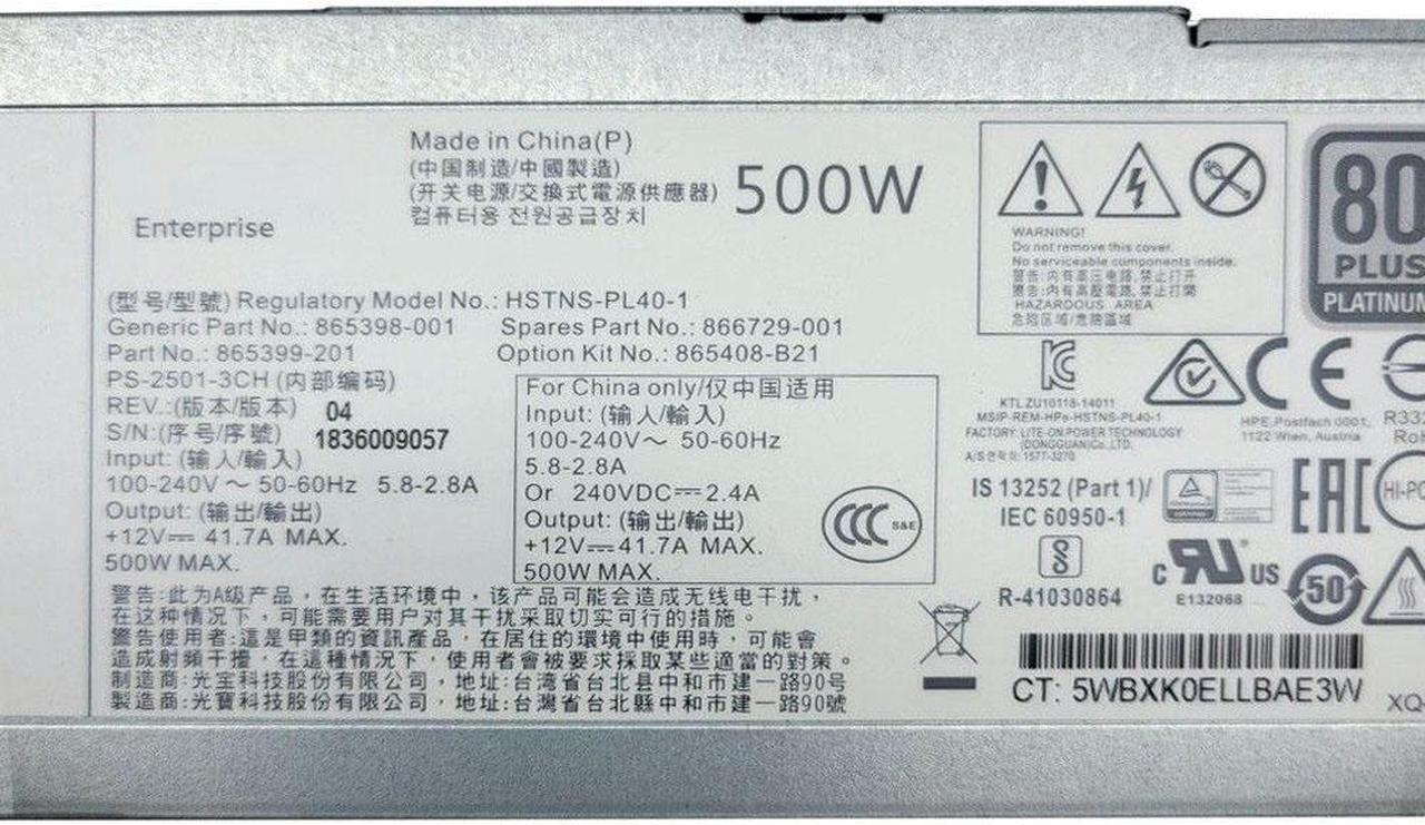 Main image of OIAGLH 500W for G10 Gen10 Gen 10 80 Plus Platinum Switching Power Supply HSTNS-PL40-1 DPS-500AB-31 A 865408-B21 865398-001