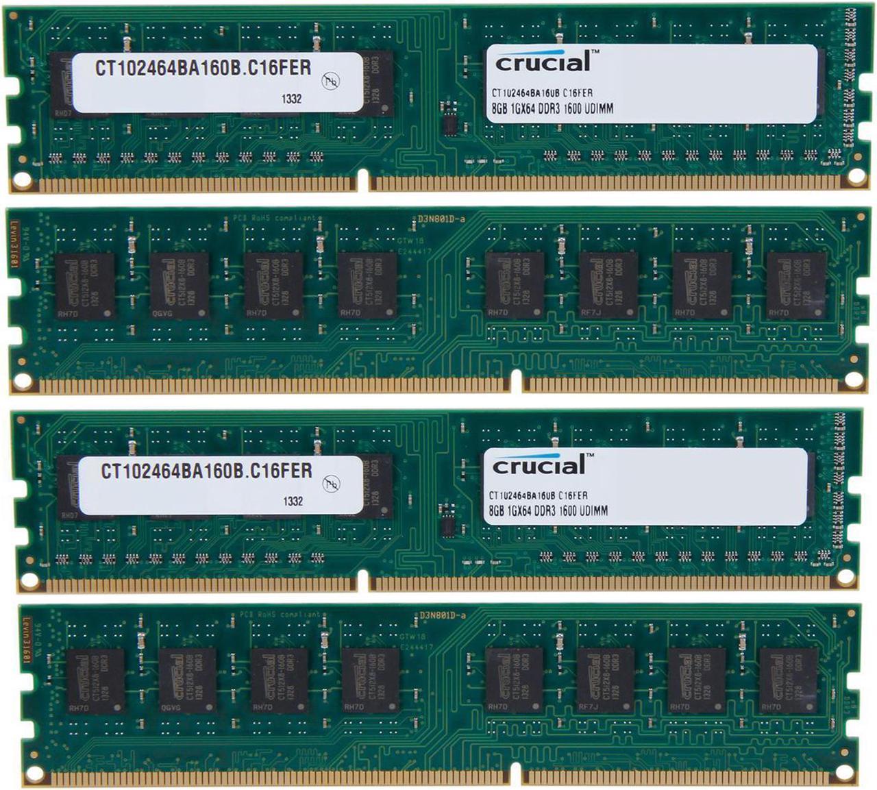 CT4KIT102464BA160B Crucial 32GB(8GBx4)  DDR3-1600(PC3-12800) UDIMM • 1600MT/s • CL-11•1.5V •240-PIN •Non-ECC •Unbuffered • Desktop Memory