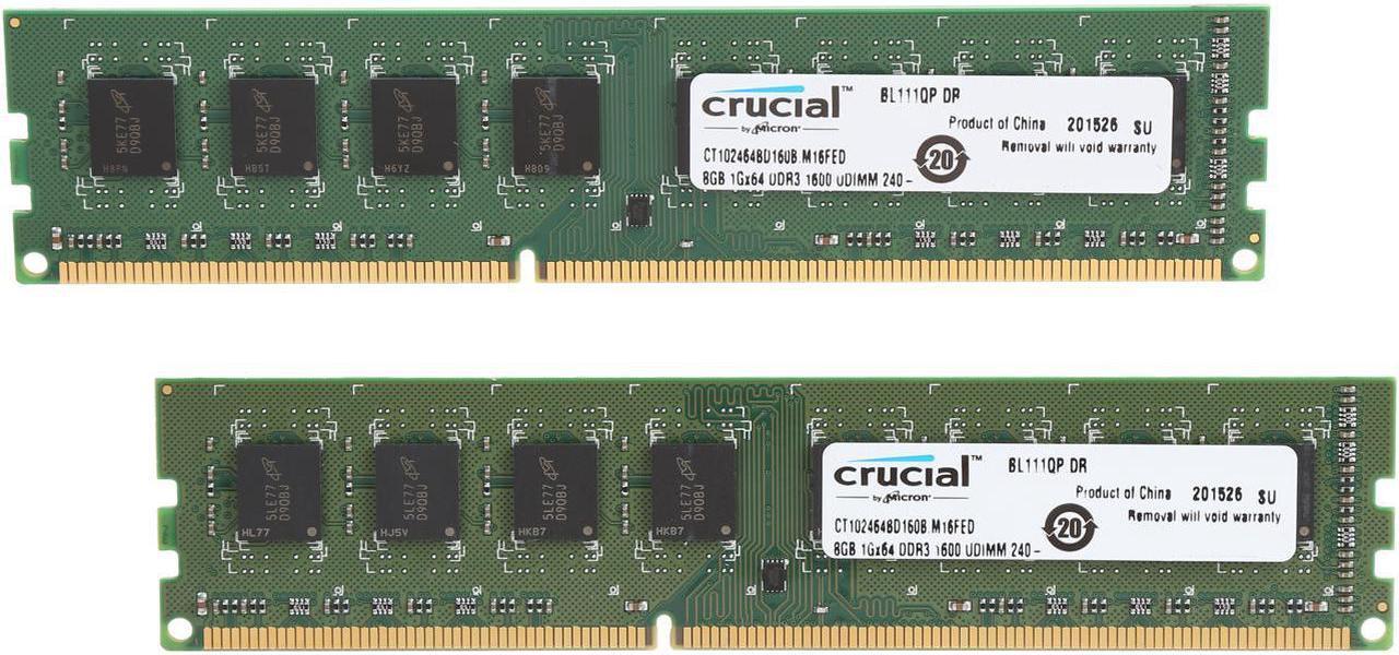 Crucial 16GB (8GBx2) DDR3L-1600(PC3-12800) UDIMM •1600MT/s •1.35V• CL-11 •Unbuffered •NON-ECC •240-PIN Desktop Memory Module - CT2K102464BD160B