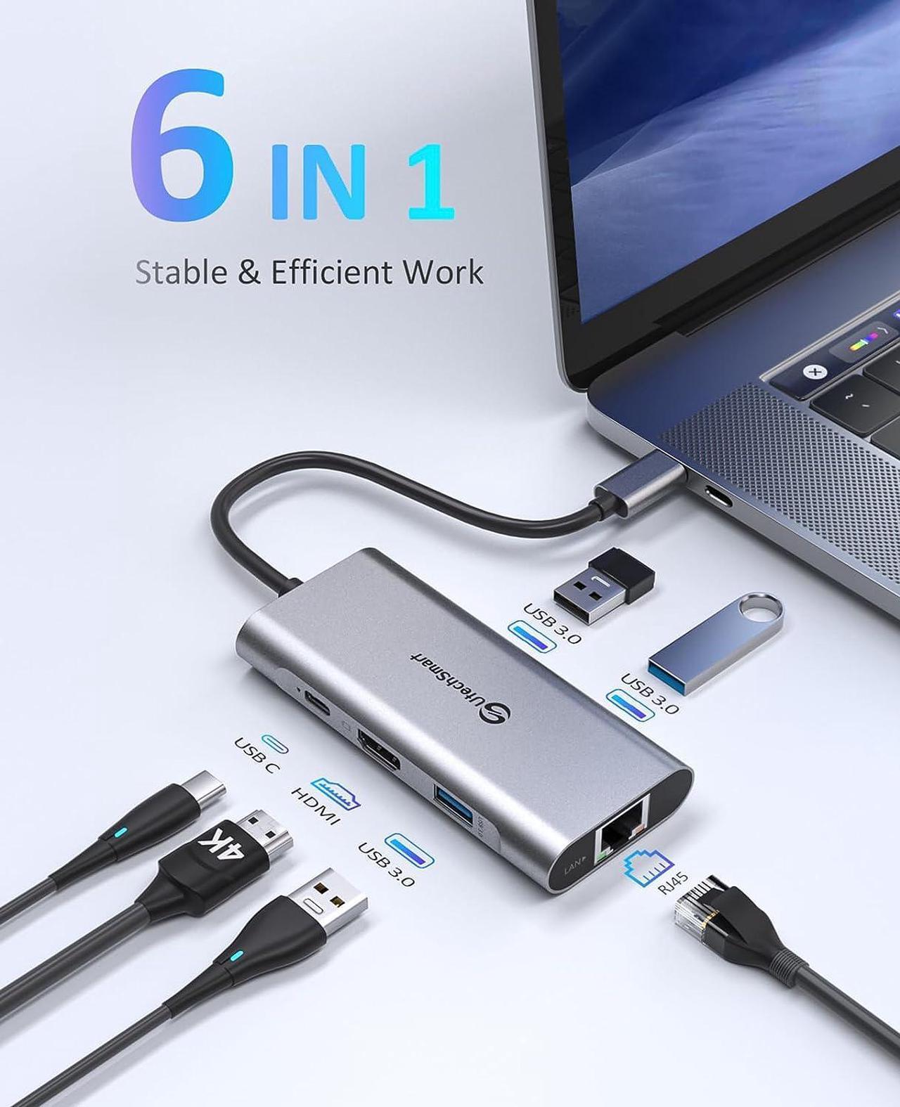 Alt view image 2 of 7 - UtechSmart USB C Hub, USB C Ethernet Multiport Adapter, 6 In 1 USB C to HDMI Dock Compatible for Macbook Pro/Air, Chromebook, Dell XPS, HP and Type C Devices (Gigabit Ethernet 100W PD 4K HDMI USB 3.0)