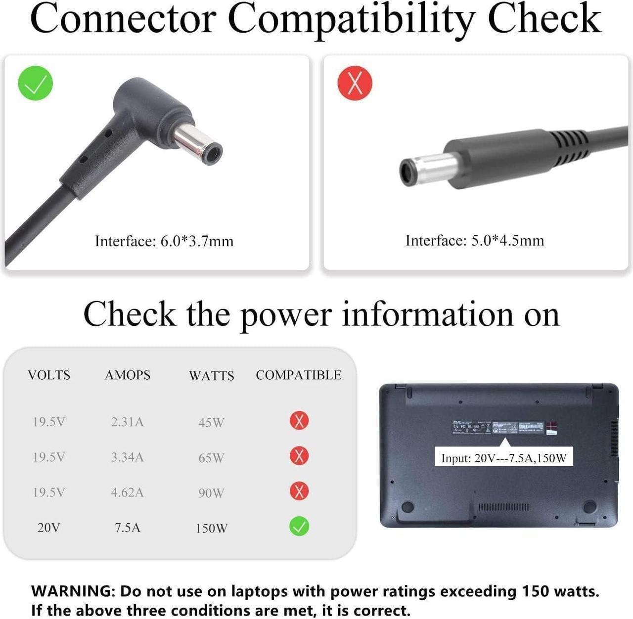 Alt view image 2 of 7 - New 20V 7.5A 150W 6.0x3.7mm AC Adapter Fit for Asus : Asus A18-150P1A 150w TUF Gaming FA506 A17 FA706 FX505GT FX705GT TUF Gaming fx705gm ROG Strix Scar III G531GDLaptop Power Supply Charger