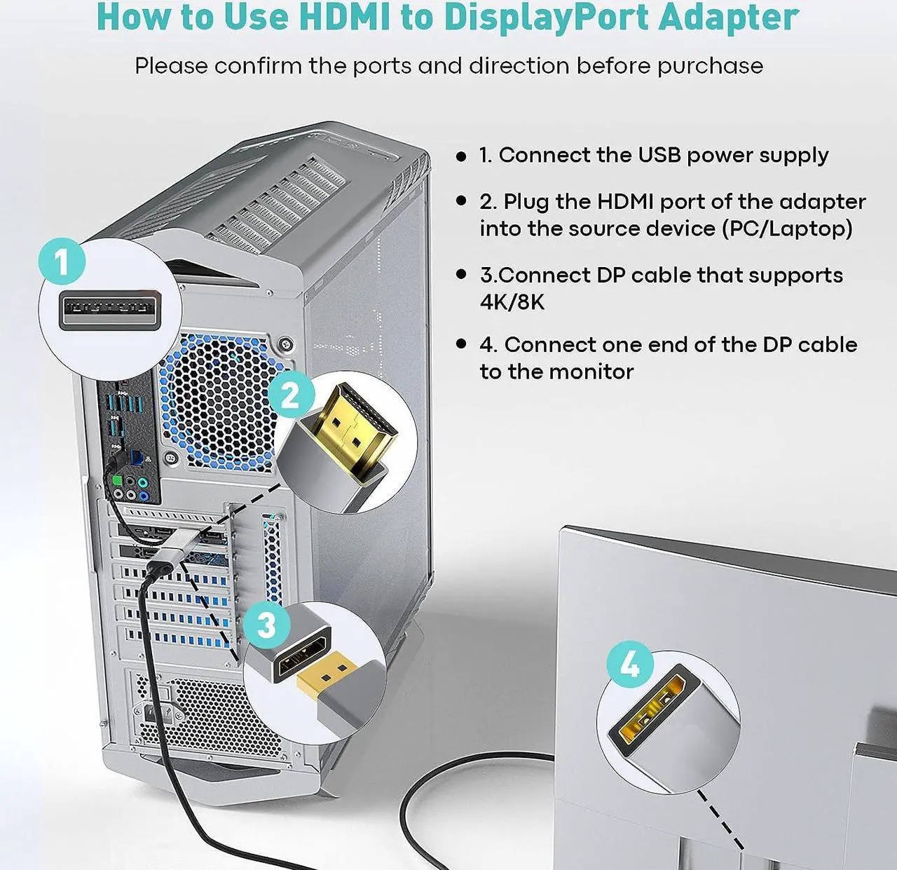 Alt view image 6 of 7 - HDMI to DisplayPort Adapter (4K 60Hz 1080p 120Hz) Uni-Directional HDMI Male to DP Female Converter for Monitor Compatible with GPU Laptop AMD NVIDIA PS5 Xbox and More - 1 Pack