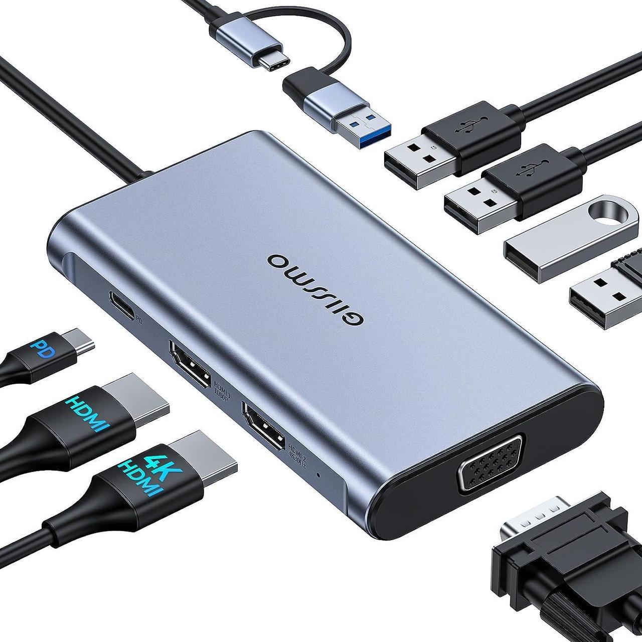 GIISSMO USB Docking Station, USB C Hub USB 3.0 to Dual HDMI VGA Adapter Triple Display USB C Laptop Docking Station Dual Display for MacBook Pro/Air/M1/M2/Mac, USB C Hub for Dell/HP/Lenovo/Surface