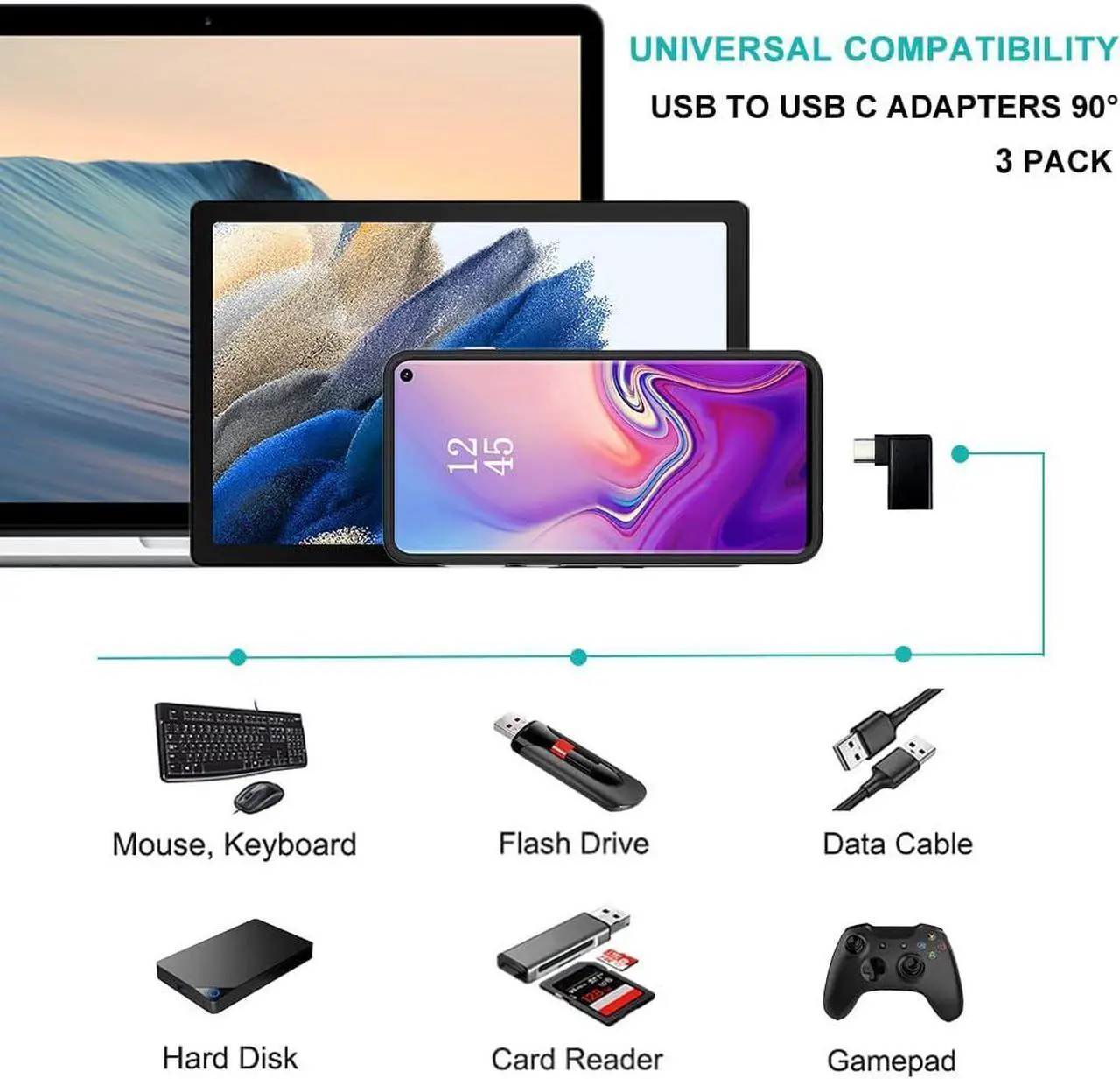 Alt view image 2 of 7 - USB C to USB 3.0 Adapter 90 Degree (3 Pack) USB-A 3.0 Female to USB-C 3.1 Male Right Angle OTG Adapter Compatible with MacBook Pro Laptop  Galaxy Type-C Phones and More