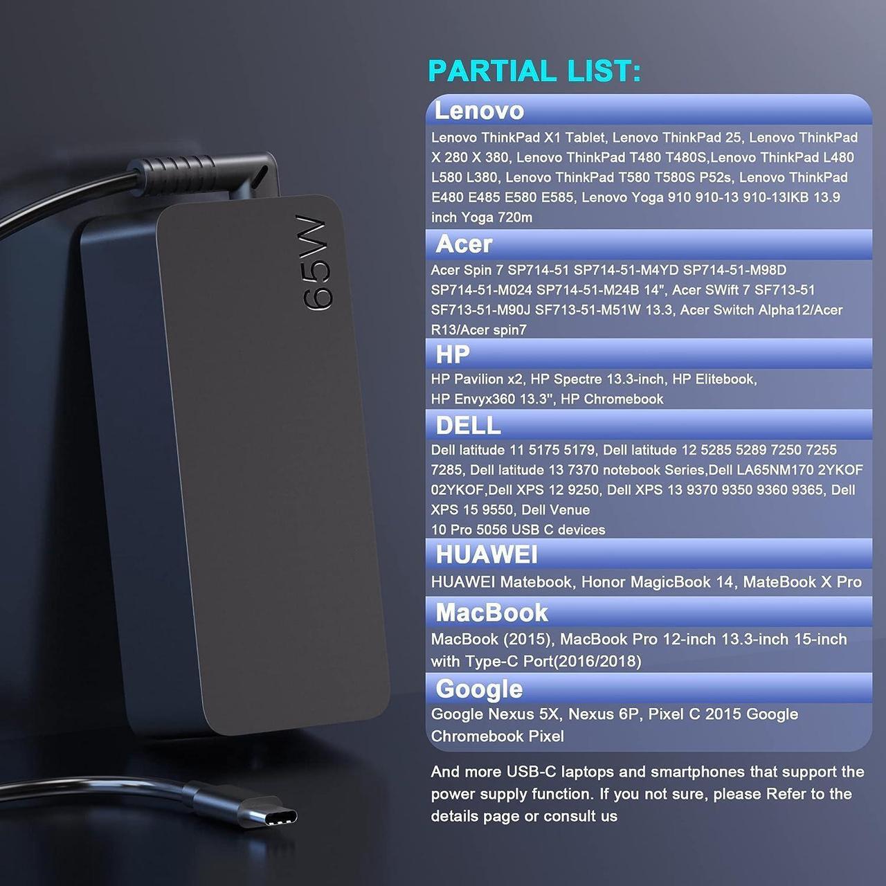Alt view image 6 of 7 - Lenovo Laptop Charger 65W 45W AC Adapter USB C Power Supply Computer Charger Power Cord for Lenovo Ideapad Thinkpad MacBook Pro HP Dell Samsung Nintendo Switch and More USB C Laptops or Phones